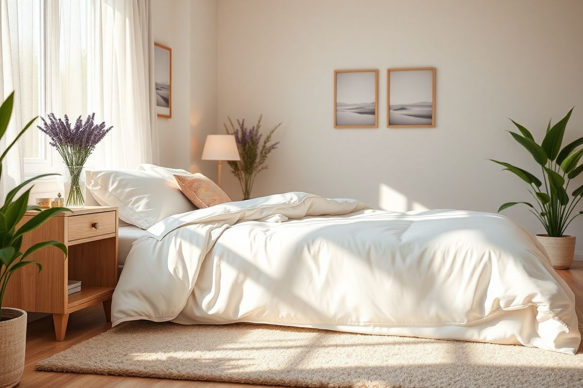 A serene bedroom scene bathed in soft, warm light, showcasing a neatly made bed with fluffy white linens and decorative pillows in soothing pastel colors. The room features a wooden nightstand adorned with a delicate vase of fresh lavender flowers, their calming purple hues contrasting gently with the light wood. In the background, a large window with sheer curtains allows natural light to filter through, casting gentle shadows across the floor. On the walls, subtle artwork depicting dreamlike landscapes adds to the tranquil atmosphere. A plush area rug in soft beige lies beneath the bed, inviting and cozy. A bedside lamp with a soft glow sits atop the nightstand, creating a warm ambiance perfect for relaxation. The overall composition exudes a sense of peace and calmness, emphasizing a restful environment ideal for sleep, while hints of greenery from potted plants in the corners enhance the serene, natural vibe of the space.