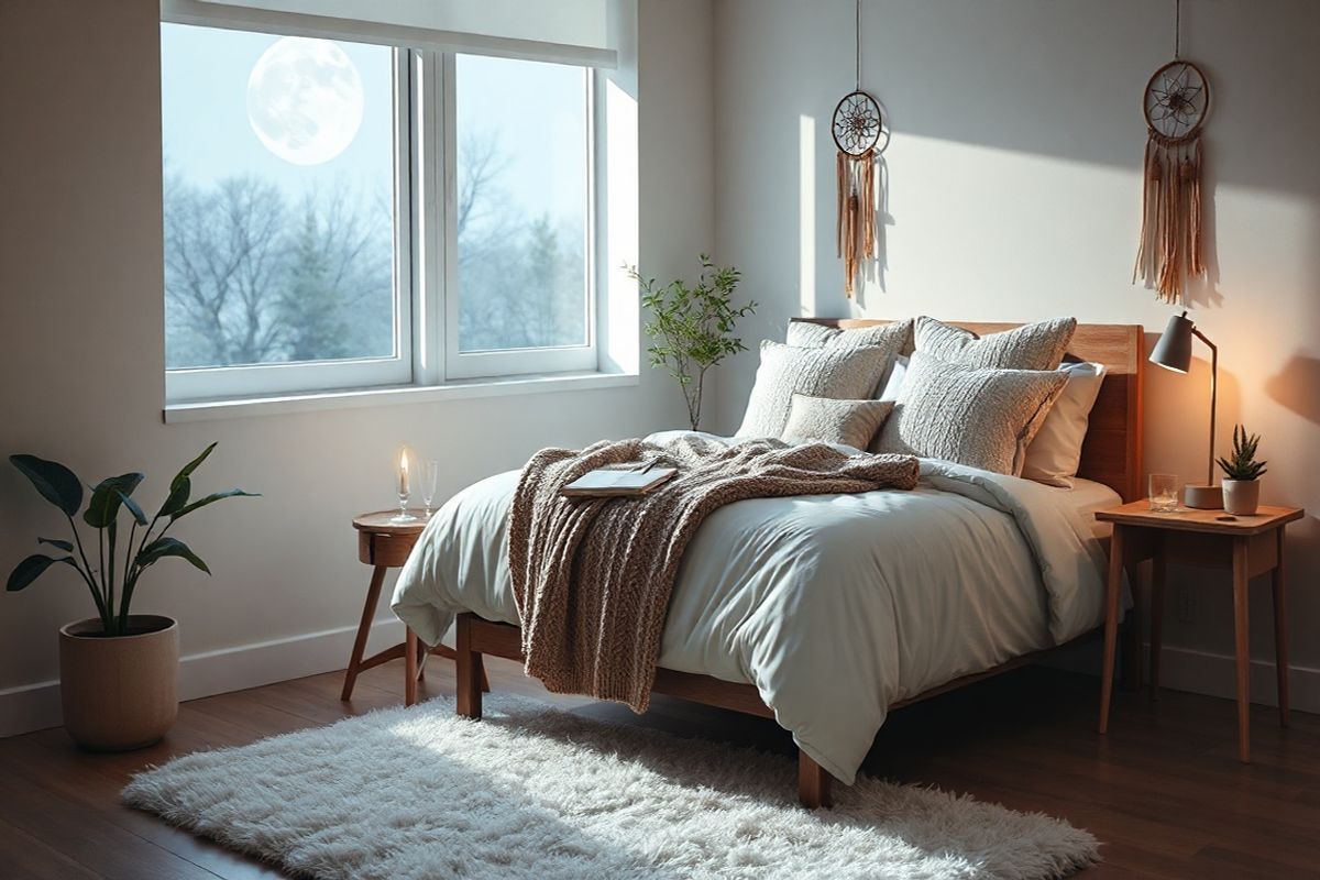 A cozy, softly lit bedroom scene featuring a neatly made queen-sized bed adorned with plush, textured pillows and a warm, knitted throw blanket draped over the edge. The walls are painted a soothing pastel color, and a large window allows gentle moonlight to filter in, casting soft shadows across the room. Next to the bed, a small wooden nightstand holds a glowing bedside lamp, a glass of water, and a journal with a pen, suggesting a peaceful nighttime routine. On the floor, a fluffy area rug provides comfort underfoot, and a potted plant in the corner adds a touch of nature. The overall ambiance is tranquil and inviting, evoking a sense of calmness and serenity, perfect for promoting restful sleep. In the background, a subtle hint of a dream catcher hangs on the wall, symbolizing the exploration of dreams and the mysteries of sleep, while the room remains free of clutter, emphasizing simplicity and relaxation.