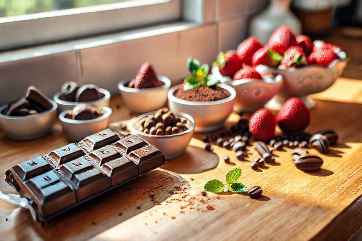 A photorealistic image of a beautifully arranged kitchen countertop featuring an array of chocolate products and fresh ingredients. In the foreground, a rich, dark chocolate bar is partially unwrapped, its glossy surface reflecting soft, natural light. Surrounding it are small bowls filled with various chocolate treats—truffles, chocolate-covered nuts, and cocoa powder—each showcasing different textures and shades of brown.   In the background, a delicate white ceramic bowl holds vibrant, fresh strawberries and raspberries, their bright red hues contrasting with the dark chocolate. A sprig of mint adds a touch of green, enhancing the visual appeal. Scattered artfully around are cacao beans and a few cocoa pods, hinting at the origin of chocolate.   The countertop is made of warm wood, providing a rustic charm that complements the rich colors of the chocolate and fruits. Soft sunlight filters through a nearby window, casting gentle shadows and highlighting the intricate details of each item, creating a warm, inviting atmosphere that celebrates the beauty of chocolate and its culinary versatility.