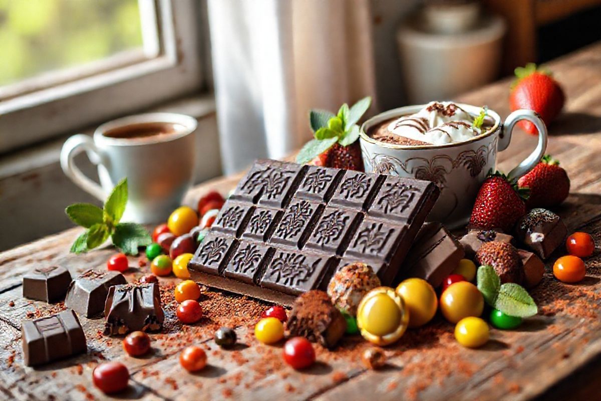 A beautifully arranged assortment of various types of chocolate sits elegantly on a rustic wooden table. The centerpiece is a rich, dark chocolate bar with intricate patterns, surrounded by smooth milk chocolate truffles sprinkled with cocoa powder. Scattered around are vibrant, colorful candies in shades of red, yellow, and green, adding a playful touch to the scene. In the background, a delicate porcelain cup overflows with creamy hot chocolate, topped with a swirl of whipped cream and a dusting of cocoa. Fresh strawberries and mint leaves add a pop of freshness, while soft, natural sunlight filters through a nearby window, creating gentle highlights and shadows that enhance the depth of the image. The overall atmosphere is warm and inviting, evoking a sense of indulgence and comfort, perfect for illustrating the joys and complexities of chocolate, while subtly hinting at the potential for allergies with a careful presentation of the various chocolate forms.