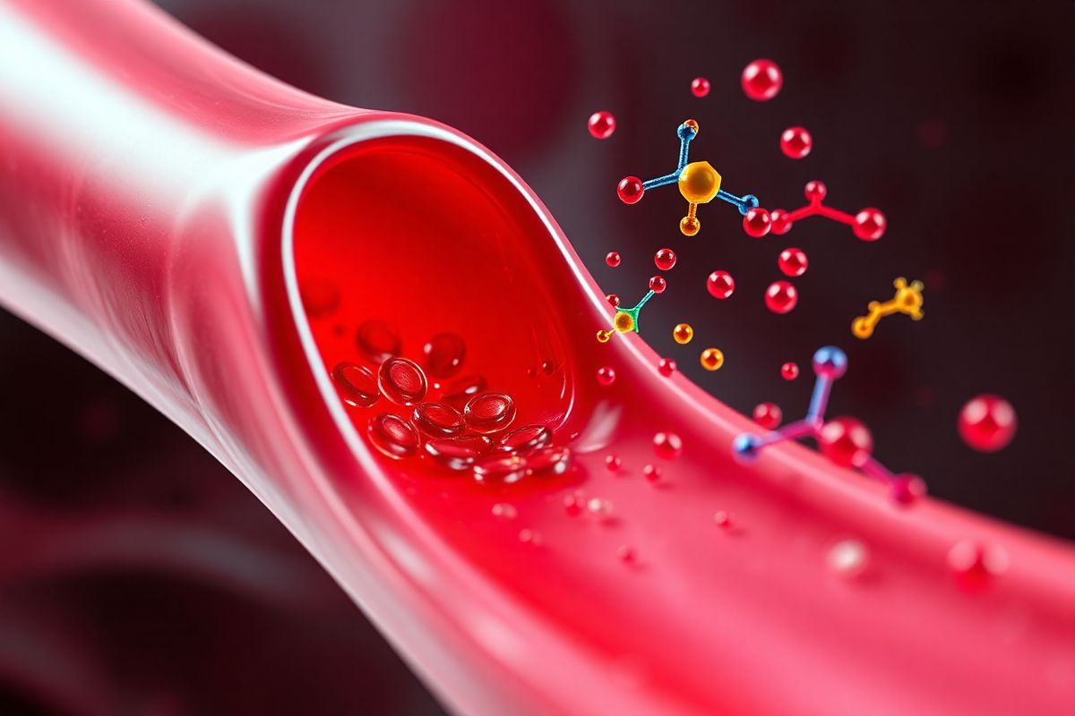 A photorealistic image captures a close-up of a vibrant, healthy human blood vessel, showcasing the intricate details of its endothelial lining. The scene features a cross-section view where the smooth, glistening endothelial cells glimmer under soft, diffused lighting. Surrounding the vessel are activated platelets, depicted as small, disc-shaped cells, clustering together at the site of an injury, forming a temporary platelet plug. Various clotting factors are illustrated as colorful, flowing proteins, cascading in a dynamic manner to emphasize the coagulation cascade process. The background is a softly blurred representation of flowing blood, highlighting the contrast between the vessel’s structure and the surrounding liquid environment. Subtle hints of collagen fibers can be seen beneath the endothelial layer, adding depth and realism. The overall composition conveys a sense of urgency and action, depicting the crucial moments of hemostasis as the body responds to an injury, emphasizing the beauty and complexity of the blood clotting process. The color palette is rich, with deep reds and subtle blues, enhancing the vividness of the biological scene.