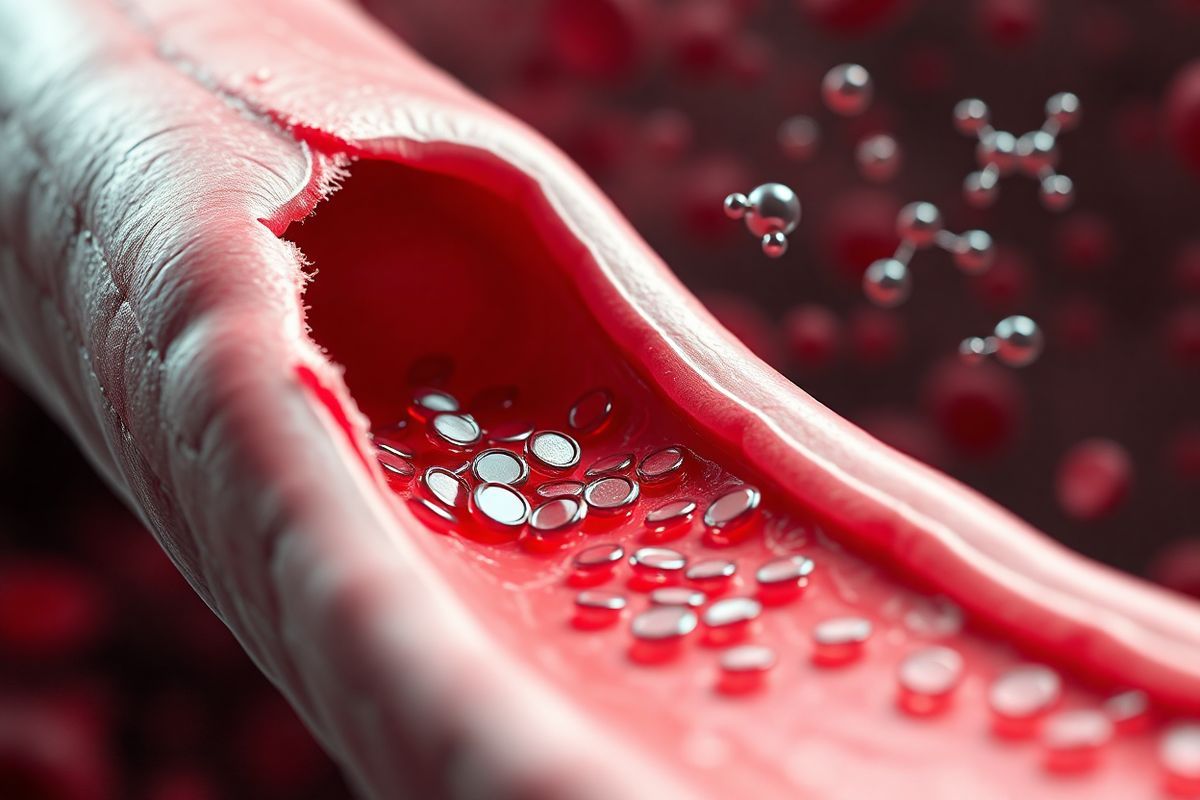 A photorealistic image showcases a close-up view of a blood vessel’s interior, highlighting the intricate layers of the endothelial lining. The scene captures a moment of vascular injury, where the endothelial cells appear slightly torn, revealing exposed collagen fibers beneath. Surrounding the damaged area are activated platelets, depicted as small, disc-shaped cells in various stages of aggregation, some adhering to the exposed collagen and each other, forming a temporary platelet plug. In the background, blood flow is illustrated with rich red hues, signifying the circulation of blood. The image also features a subtle representation of clotting factors—depicted as molecular structures floating within the bloodstream, emphasizing their inactive state before activation. Soft, diffused lighting enhances the texture of the blood vessel walls, while a slight shimmer on the surface of the blood elements creates a dynamic, lifelike quality. The overall composition conveys the complexity and beauty of the hemostatic process, inviting viewers to appreciate the essential role of clotting factors in maintaining circulatory integrity.