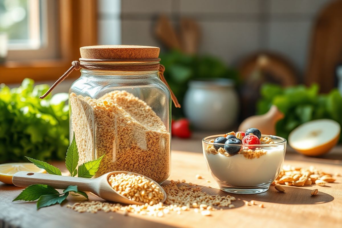 A close-up, photorealistic image of a wooden kitchen countertop adorned with a rustic glass jar filled with golden-brown psyllium husk. The jar is partially open, with a small wooden scoop resting beside it, suggesting the act of measuring the fiber. Surrounding the jar are scattered natural elements: a few fresh green leaves, a slice of lemon, and a small bowl of yogurt topped with granola and berries. Sunlight streams through a nearby window, casting soft, warm light that highlights the textures of the psyllium husk and the smoothness of the yogurt. In the background, a blurred view of fresh vegetables and grains creates a wholesome, healthy atmosphere, emphasizing a connection to natural ingredients. The overall composition conveys a sense of wellness and organic living, inviting viewers to explore the benefits of incorporating psyllium husk into their diet.