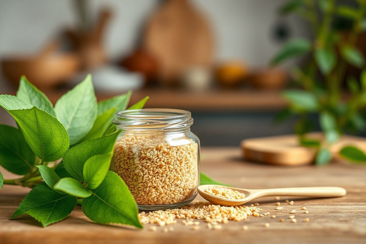 A close-up, photorealistic image of a wooden table adorned with a small, elegant glass jar filled with golden-brown psyllium husk. The jar is partially open, revealing the fine, fluffy texture of the psyllium inside, with a delicate wooden spoon resting beside it, suggesting it’s ready to be used. Surrounding the jar are fresh, vibrant green leaves of the Plantago ovata plant, emphasizing its natural origin. In the background, a softly blurred kitchen setting is visible, featuring warm, inviting lighting that enhances the earthy tones of the scene. A few scattered grains of psyllium husk are sprinkled around the jar, adding a touch of realism. The overall composition conveys a sense of health, wellness, and the natural benefits of incorporating psyllium husk into one’s diet, creating a calming and inviting atmosphere.