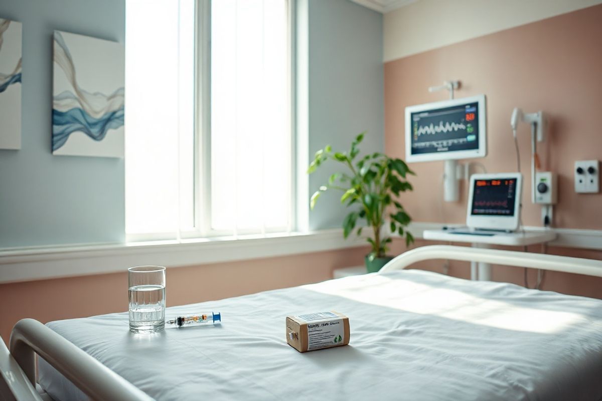 A serene hospital room bathed in soft, natural light streaming through a large window, illuminating a neatly made hospital bed with crisp white sheets. On the bedside table, a glass of water sits beside a small stack of essential medical supplies, including a syringe and a vial of Phenobarbital. The walls are painted in calming pastel colors, adorned with abstract art that conveys tranquility. A potted plant with vibrant green leaves sits in the corner, adding a touch of nature to the space. In the background, a medical monitor quietly displays stable vital signs, creating an atmosphere of safety and care. The scene is meticulously arranged to evoke a sense of hope and healing, reflecting the importance of attentive medical intervention during alcohol withdrawal. The overall composition emphasizes a balance between clinical precision and comforting warmth, capturing the essence of a supportive healthcare environment dedicated to patient recovery.