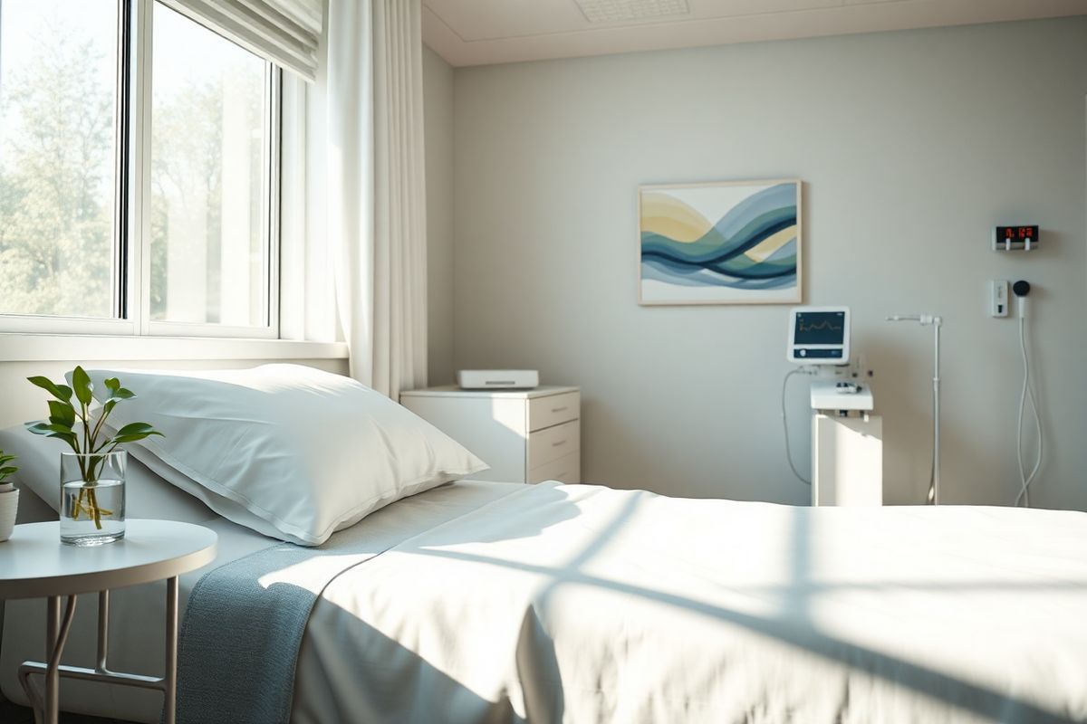 A photorealistic image depicting a serene and calming scene in a well-lit hospital room designed for patients undergoing alcohol withdrawal treatment. The room features a comfortable hospital bed with crisp white linens, a soft pillow, and a light blue blanket neatly folded at the foot. A large window allows natural light to flood in, illuminating the space with a warm glow. On a bedside table, there is a glass of water and a small potted plant, symbolizing hope and recovery. The walls are painted in soothing pastel colors, and a piece of abstract art hangs, representing tranquility. In the corner, a nurse’s station is visible with medical equipment, including a heart rate monitor displaying stable readings. The overall atmosphere conveys a sense of safety, support, and healing, inviting feelings of comfort and reassurance for those experiencing the challenges of alcohol withdrawal. Soft shadows and highlights enhance the photorealistic quality, making the scene feel inviting and peaceful, emphasizing the importance of a supportive environment in the recovery process.