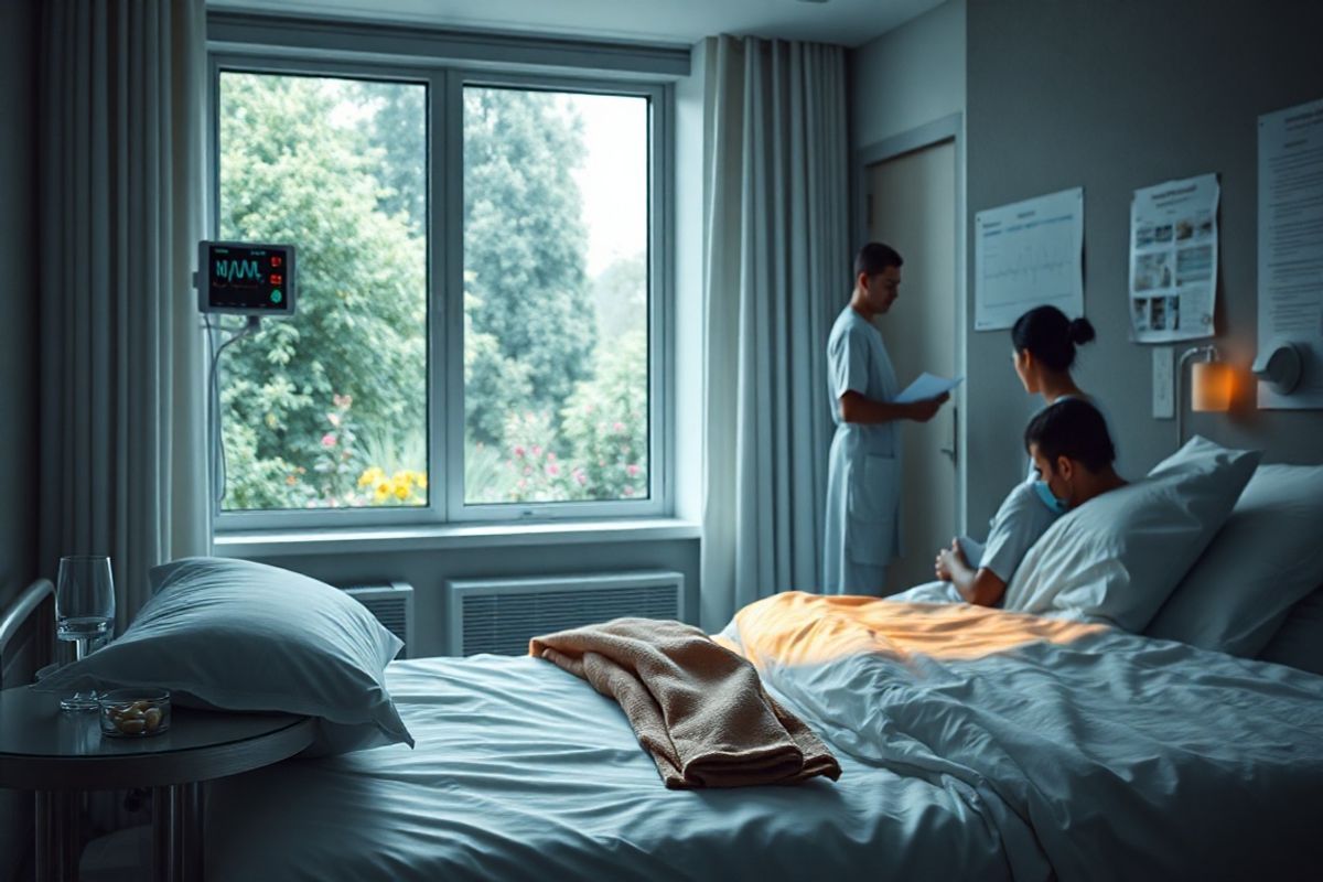 A photorealistic image depicting a dimly lit, serene hospital room designed for the treatment of patients undergoing alcohol withdrawal. The room features a comfortable hospital bed with crisp white linens, a soft pillow, and a warm blanket draped gently over the side. A small bedside table holds a glass of water and a pill organizer, symbolizing medication management. Soft, ambient lighting casts a calming glow, while a window reveals a view of a tranquil garden outside, with lush greenery and colorful flowers, promoting a sense of peace and recovery. In the background, a nurse is seen attentively monitoring a patient, showcasing a caring and supportive environment. Subtle details, such as a heart rate monitor displaying stable vitals and a chart outlining treatment protocols on the wall, emphasize the medical aspect while maintaining a warm atmosphere. The overall composition evokes feelings of hope and healing, illustrating the importance of professional care during the challenging process of alcohol withdrawal.