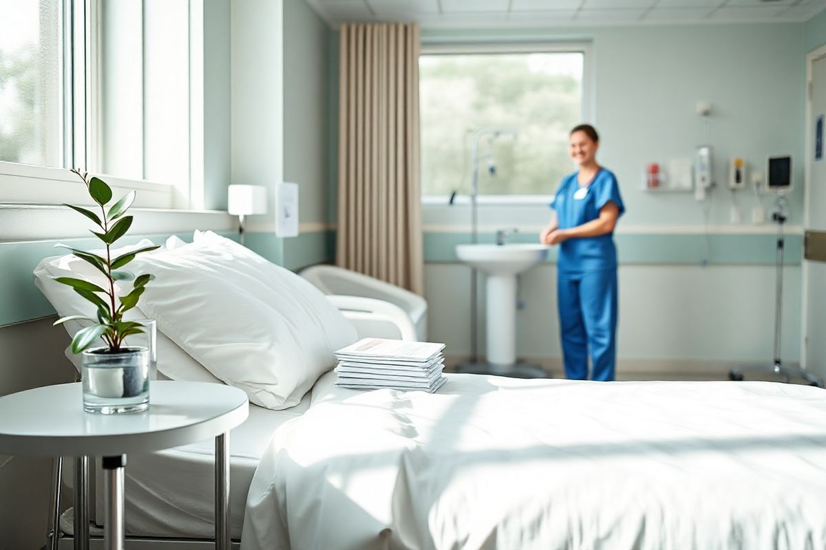 A photorealistic decorative image depicts a serene and clean hospital environment, emphasizing hygiene and care. The scene features a bright, well-lit hospital room with a comfortable, neatly made bed adorned with crisp white linens. On a bedside table, there is a glass of water, a small potted plant symbolizing health and vitality, and a neatly arranged stack of medical pamphlets. In the background, a nurse in scrubs is gently smiling while washing her hands at a sink, reinforcing the importance of hand hygiene. The walls are painted in calming pastel colors, and a window allows soft, natural light to flood the space, highlighting the cleanliness of the environment. On the floor, a spotless surface reflects the overall tidiness, while subtle medical equipment can be seen, including an IV stand and a heart monitor, signifying the attentive care provided to patients. This image embodies a sense of safety, cleanliness, and professionalism, making it an ideal visual representation of the importance of preventing infections in a healthcare setting.