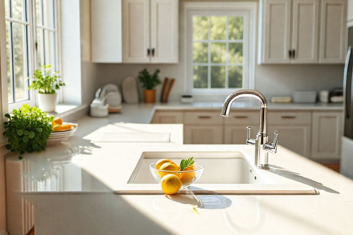 A photorealistic image of a serene, sunlit kitchen setting that embodies cleanliness and hygiene. The scene features a gleaming white countertop adorned with a small, elegant bowl of fresh lemons and a sprig of mint, symbolizing freshness and health. In the background, a spacious sink with a shiny faucet flows gently, surrounded by sparkling clean dishes and a hand soap dispenser made of glass. The kitchen is well-organized, with neatly arranged cooking utensils and a potted herb plant on a windowsill, emphasizing a connection to natural ingredients. Soft sunlight pours through a large window, illuminating the room and casting gentle shadows, creating an inviting atmosphere. The floor is made of polished wood, reflecting the light and enhancing the overall warmth of the space. On the walls, light-colored cabinets contrast with the vibrant green of the herbs, contributing to a feeling of openness and tranquility. This image encapsulates themes of cleanliness, health, and a nurturing environment, making it a perfect companion to discussions about maintaining hygiene to prevent infections like C. diff.