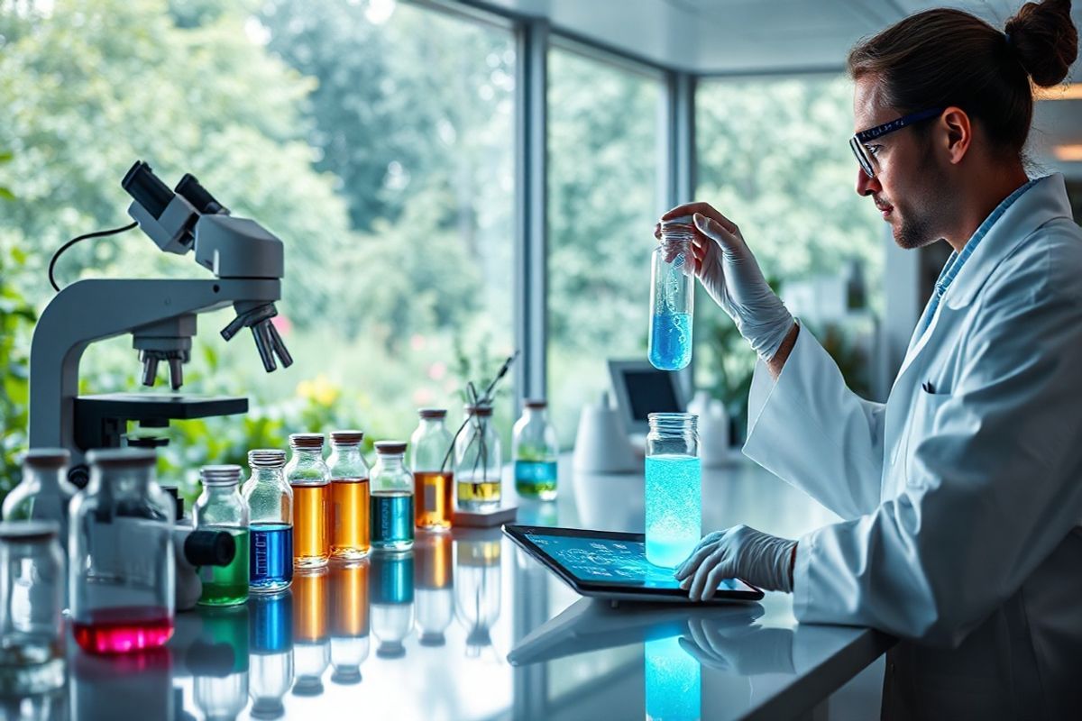 A photorealistic image capturing a serene laboratory setting focused on advanced gene therapy research. The scene features a sleek, modern lab bench adorned with sophisticated equipment, including a high-tech microscope, vials of colorful genetic solutions, and a digital tablet displaying DNA sequences. Soft, ambient lighting enhances the clarity of the glassware, which reflects the light, creating a sense of innovation and hope. In the background, a large window reveals a vibrant garden, symbolizing growth and healing. On one side, a researcher, wearing a lab coat and safety goggles, carefully examines a vial containing a glowing, blue liquid, representing gene therapy in action. The atmosphere is calm and focused, embodying the promise of medical breakthroughs in treating genetic disorders like Duchenne muscular dystrophy. The overall composition conveys a blend of science and hope, illustrating the potential of gene therapy to transform lives.