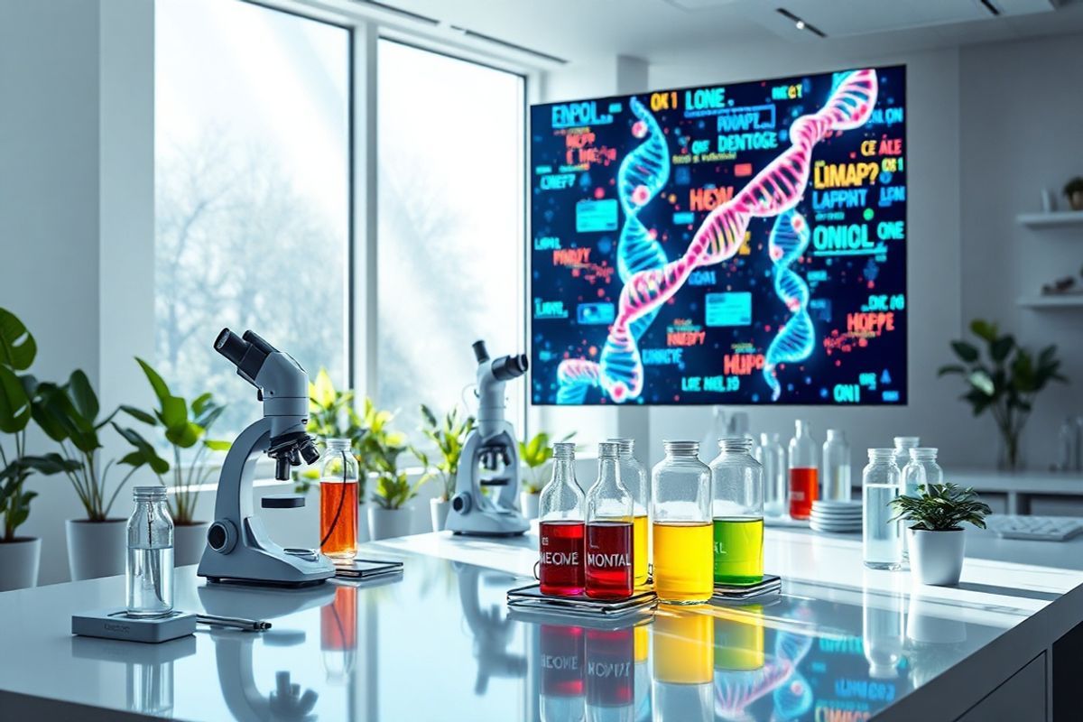 A photorealistic decorative image featuring a serene laboratory setting, showcasing advanced gene therapy research. The focal point is a sleek, modern workstation adorned with high-tech equipment, including a microscope, pipettes, and glass vials filled with vibrant colored liquids representing genetic material. In the background, a large digital screen displays intricate DNA double helix structures and colorful gene sequences, creating an engaging visual of genetic engineering. Soft, natural light streams through a large window, illuminating the workspace and highlighting the elegant design of the laboratory. Potted plants add a touch of greenery, symbolizing life and growth amidst the scientific environment. The overall atmosphere conveys innovation and hope, embodying the transformative potential of gene therapy in medical science.