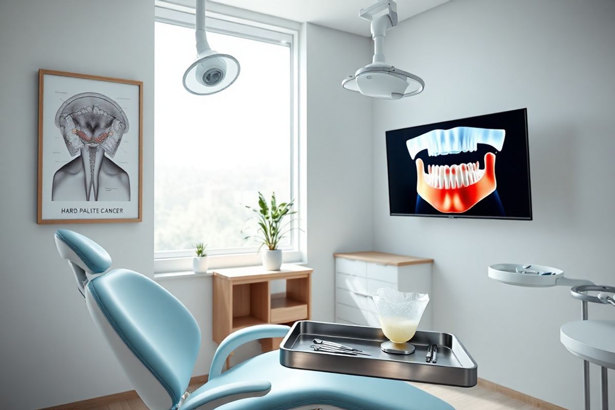 A photorealistic image captures a serene and well-lit dental clinic, focusing on a modern dental examination room. The room features a sleek dental chair upholstered in soft, light blue fabric, positioned in front of a large window that allows natural light to flood in, illuminating the space. On the walls, there are framed anatomical posters of the oral cavity, highlighting the hard palate and surrounding structures. A small, elegant potted plant sits on a minimalist wooden shelf, adding a touch of greenery to the environment. The dental tools are neatly arranged on a stainless steel tray, reflecting the light, while a high-tech dental lamp hangs overhead, ready for use. In the background, a digital monitor displays a 3D model of the mouth, emphasizing the importance of oral health and early detection of issues like hard palate cancer. The overall atmosphere is calm and inviting, evoking a sense of professionalism and care, making it an ideal setting for patients seeking advice and treatment for oral health concerns.