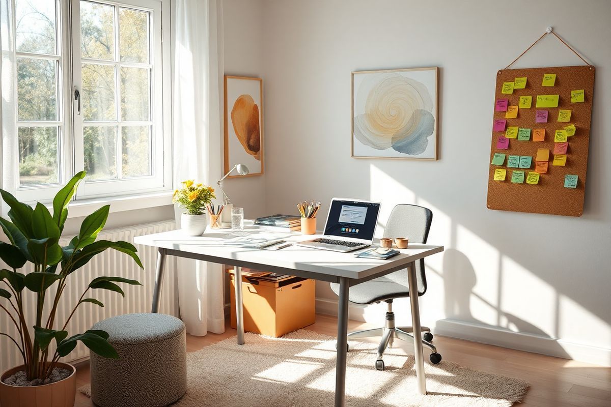 A photorealistic image depicting a serene workspace designed for an individual with ADHD, featuring a well-organized desk bathed in natural light from a large window. The desk is clutter-free, with neatly arranged stationery, a laptop open to a task management app, and a vibrant potted plant adding a touch of greenery. In the background, a comfortable chair invites relaxation, while a soft rug beneath the desk enhances coziness. The walls are adorned with calming artwork depicting abstract patterns in soothing colors, promoting focus and tranquility. A corkboard hangs nearby, showcasing colorful sticky notes and reminders, symbolizing effective task management. Sunlight filters through sheer curtains, casting gentle shadows that create a peaceful ambiance. This inviting workspace embodies a balance between productivity and mindfulness, illustrating a supportive environment that aids concentration and minimizes distractions, resonating with the themes of ADHD and inattentional blindness discussed in the text.