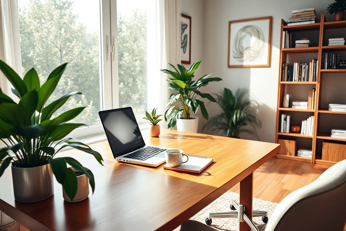 A close-up view of a serene home office space bathed in soft, natural light filtering through a large window. The desk is made of warm, polished wood and is neatly organized, featuring a sleek laptop, a stylish notebook, and a steaming cup of herbal tea. Surrounding the desk are lush green plants that add a touch of nature, while a comfortable, ergonomic chair invites relaxation. On the wall, there are framed artworks depicting abstract designs that evoke focus and creativity. The floor is adorned with a soft, textured rug that complements the earthy tones of the room. In the background, a bookshelf filled with neatly arranged books and decorative items reflects a sense of order and tranquility. The overall atmosphere of the image conveys a peaceful, distraction-free environment, perfect for enhancing concentration and productivity, resonating with the themes of managing ADHD and promoting mindfulness in daily activities.