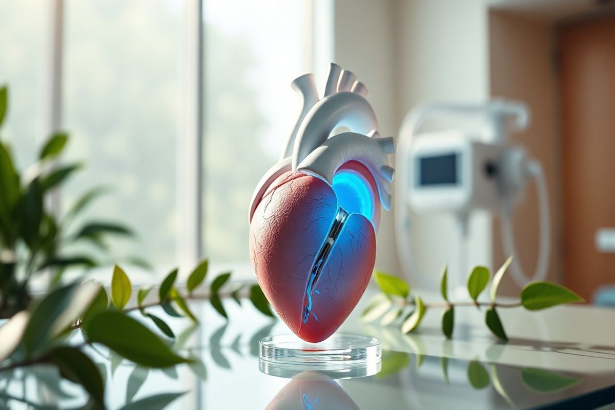 A photorealistic image of a serene medical environment, featuring a close-up view of a delicate heart model displayed on a sleek glass surface. The heart model, intricately detailed, showcases the left atrial appendage (LAA) highlighted in soft blue hues, symbolizing the focus on the LAAO procedure. Surrounding the heart model, there are subtle elements of nature, such as green leafy plants and soft, diffused natural light filtering through a large window, creating a calming atmosphere. In the background, a faint outline of a high-tech medical device can be seen, hinting at advanced cardiac care technology. The overall color palette is warm and inviting, with soft whites, blues, and greens, evoking a sense of hope and healing. The composition emphasizes both the complexity of the heart’s anatomy and the innovative nature of the LAAO procedure, symbolizing a blend of science and nature in the pursuit of better patient outcomes.