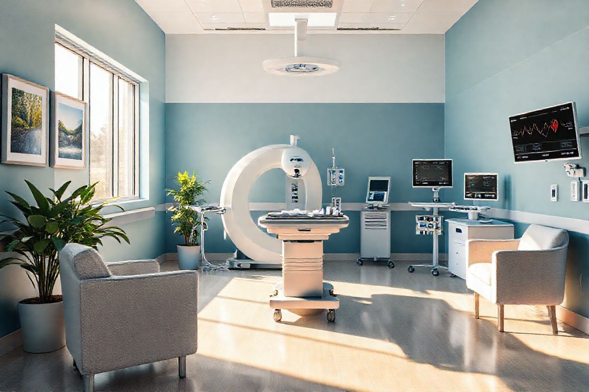 A photorealistic image of a serene hospital room designed for cardiac procedures. The room features a large, well-lit window allowing natural light to pour in, illuminating the space with a soft glow. In the center, a modern examination table is surrounded by advanced medical equipment, including a high-tech imaging machine and sterile instruments neatly arranged on a tray. The walls are painted in calming shades of blue and white, adorned with framed nature photographs to create a soothing atmosphere. To one side, a potted plant adds a touch of greenery, symbolizing healing and vitality. On the other side, a state-of-the-art heart monitor displays vital signs, indicating the room’s purpose. Soft, plush chairs are positioned in the corner for family members, emphasizing comfort and support. The floor is covered with a light-colored laminate that reflects the warm light, creating a welcoming ambiance. This image captures the essence of modern cardiac care, blending technology with a healing environment, making it an ideal visual representation of the advancements in left atrial appendage occlusion procedures.