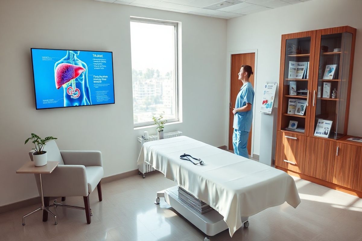 A photorealistic image of a serene medical setting featuring a well-lit examination room. The room is spacious and modern, with soft, neutral-toned walls and large windows that allow natural light to stream in. In the center, there is a sleek examination table covered with a crisp white sheet, flanked by a stylish armchair and a small side table holding a potted plant for a touch of greenery. On the wall, a digital display shows a vibrant anatomical diagram of the human body, emphasizing the liver and the MAPK pathway. To the side, a wooden cabinet with glass doors showcases neatly organized medical supplies and educational brochures about targeted cancer therapies. A stethoscope rests casually on the table, and a medical professional, dressed in a light blue scrubs, is seen in the background, discussing treatment options with a patient. The overall atmosphere conveys a sense of calm, professionalism, and hope, representing a pivotal moment in a patient’s cancer treatment journey.