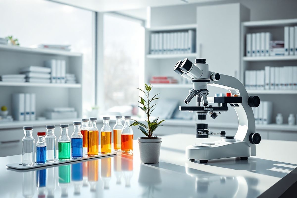 A photorealistic image of a serene laboratory setting, showcasing a sleek, modern countertop filled with various glass vials and syringes, each containing brightly colored liquids. A backdrop of white shelves neatly organized with medical textbooks and research papers hints at a focus on advanced cancer therapies. In the foreground, a microscope glints under soft, diffused lighting, emphasizing the precision of scientific research. A small potted plant adds a touch of warmth, contrasting with the clinical atmosphere. The scene is bathed in natural light streaming through a window, casting soft shadows and creating an inviting yet professional ambiance that reflects the cutting-edge nature of medical advancements like trametinib in cancer treatment. The overall composition conveys a sense of hope, innovation, and the dedication of healthcare professionals in their pursuit of effective therapies for patients battling advanced melanoma.