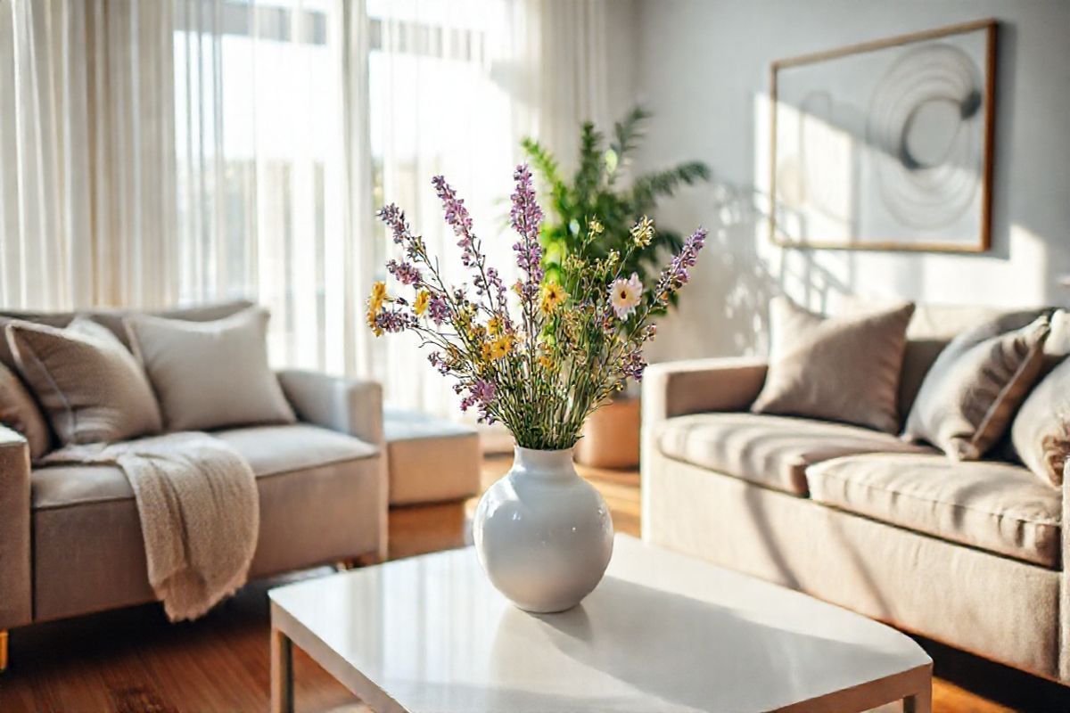 A serene and inviting scene unfolds in a softly lit, modern living room. The focus is on a stylish coffee table adorned with an elegant white ceramic vase, from which vibrant, fresh wildflowers in hues of lavender, yellow, and soft pink burst forth, bringing a touch of nature indoors. Surrounding the table are plush, neutral-colored sofas with an assortment of cozy, textured throw pillows. A warm, natural wood floor complements the soothing atmosphere, while a large window allows gentle sunlight to filter through sheer curtains, casting soft shadows across the room. In the background, a lush green plant adds life to the corner, and a subtle artwork with calming abstract patterns hangs on the wall, enhancing the space’s tranquility. The overall ambiance evokes a sense of peace and comfort, perfect for relaxation and reflection—a visual representation of the journey towards managing uterine fibroids with care and mindfulness.