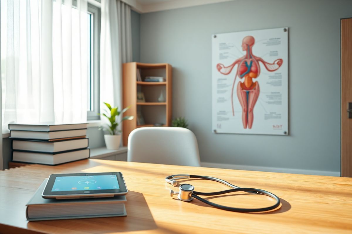 The image showcases a serene and elegant scene set in a softly lit, modern medical office. In the foreground, a wooden desk is adorned with a few carefully arranged medical textbooks and a sleek tablet displaying a health app interface. A stethoscope lies casually beside the tablet, suggesting a focus on patient care.   In the background, a large window allows natural light to filter through sheer white curtains, illuminating the room with a warm glow. On the windowsill, a small potted plant adds a touch of greenery and life to the space.   The walls are painted in calming shades of soft blue and beige, promoting a sense of tranquility and comfort. A large anatomical poster of the female reproductive system hangs on one wall, providing an educational element without overwhelming the viewer.   This photorealistic image captures the essence of a supportive healthcare environment, reflecting the importance of patient-provider relationships in managing conditions like uterine fibroids. The overall composition conveys a message of hope and healing, creating a warm and inviting atmosphere.