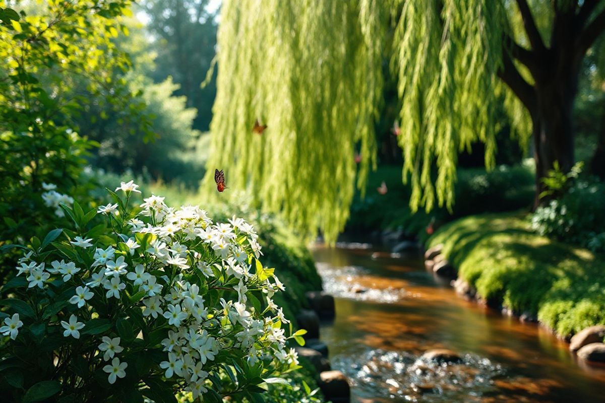 A serene, photorealistic image captures a tranquil outdoor setting featuring a lush garden with vibrant flowers and greenery. In the foreground, a delicate white jasmine bush with clusters of small, fragrant white blossoms contrasts beautifully against the deep green leaves. A gentle stream flows nearby, reflecting the soft sunlight filtering through the trees, creating a calming atmosphere. In the background, a graceful willow tree arches over the water, its long, sweeping branches brushing against the surface, adding to the peaceful ambiance. The scene is further enhanced by a subtle play of light and shadow, with dappled sunlight creating patterns on the ground. Hints of colorful butterflies flit among the blossoms, emphasizing the theme of natural beauty and tranquility. The overall composition evokes a sense of healing and rejuvenation, symbolizing the restoration of health and well-being, making it an ideal companion for discussions about the positive outcomes of medical procedures like parotidectomy.