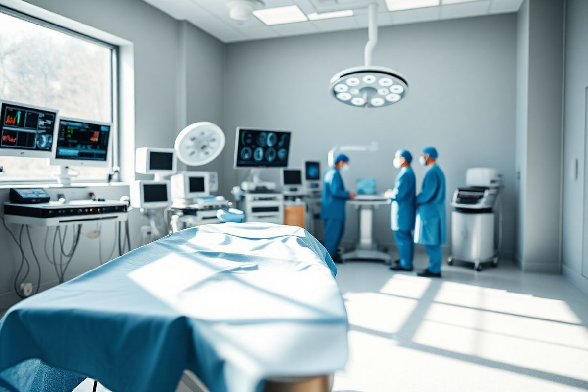 A photorealistic image of a serene surgical environment, depicting a well-lit operating room. In the foreground, a sleek, stainless-steel surgical table is positioned, with soft blue surgical drapes neatly arranged. In the background, an array of advanced medical equipment, including monitors displaying vital signs and imaging scans, is visible, creating a sense of modernity and precision. The walls are a calming light gray, contributing to a tranquil atmosphere. In one corner, a surgical team, clad in scrubs and masks, is engaged in a focused discussion, emphasizing collaboration and care. A large window allows natural light to filter in, illuminating the space and casting gentle shadows. The overall composition conveys a sense of professionalism, hope, and the intricate relationship between technology and patient care in the context of parotid surgery.