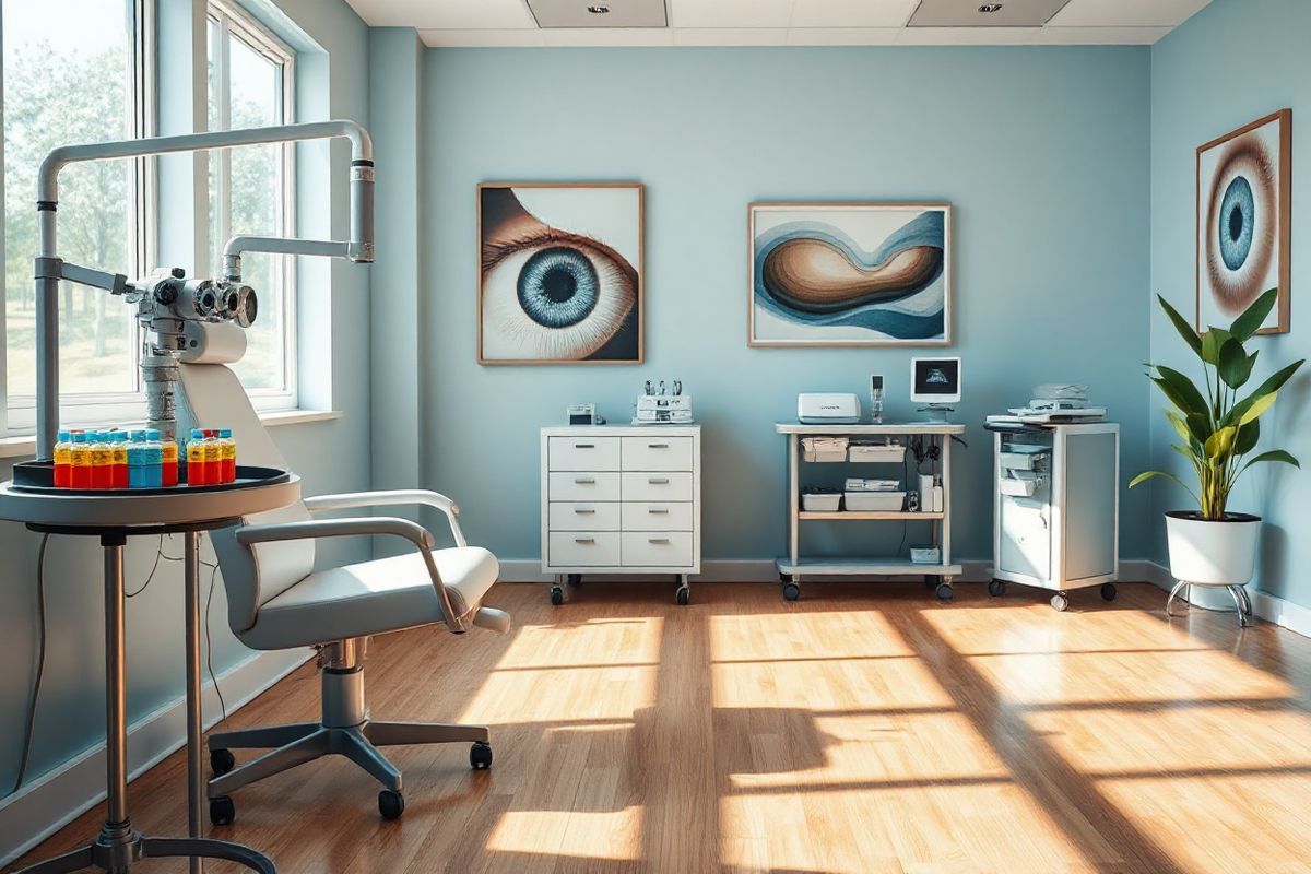 A serene and inviting ophthalmology examination room is depicted in photorealistic detail. The room is softly illuminated by natural light streaming through large windows, casting gentle shadows on the polished wooden floor. In the foreground, a sleek, modern examination chair is positioned beside a high-tech phoropter, showcasing the precision instruments used for eye assessments. A tray filled with colorful, neatly organized eye drops and medication bottles is visible on a side table, emphasizing preparation for eye surgery. On the walls, soothing light blue colors create a calming atmosphere, complemented by framed images of healthy eyes and abstract art that evoke a sense of tranquility. The background features a well-stocked medical cart with various tools and equipment necessary for cataract surgery, including a small ultrasound machine. A potted plant adds a touch of greenery, enhancing the overall aesthetic of the room and creating a welcoming environment for patients. This image captures the essence of a professional but comforting space where patients prepare for cataract surgery, embodying hope and advanced medical care.