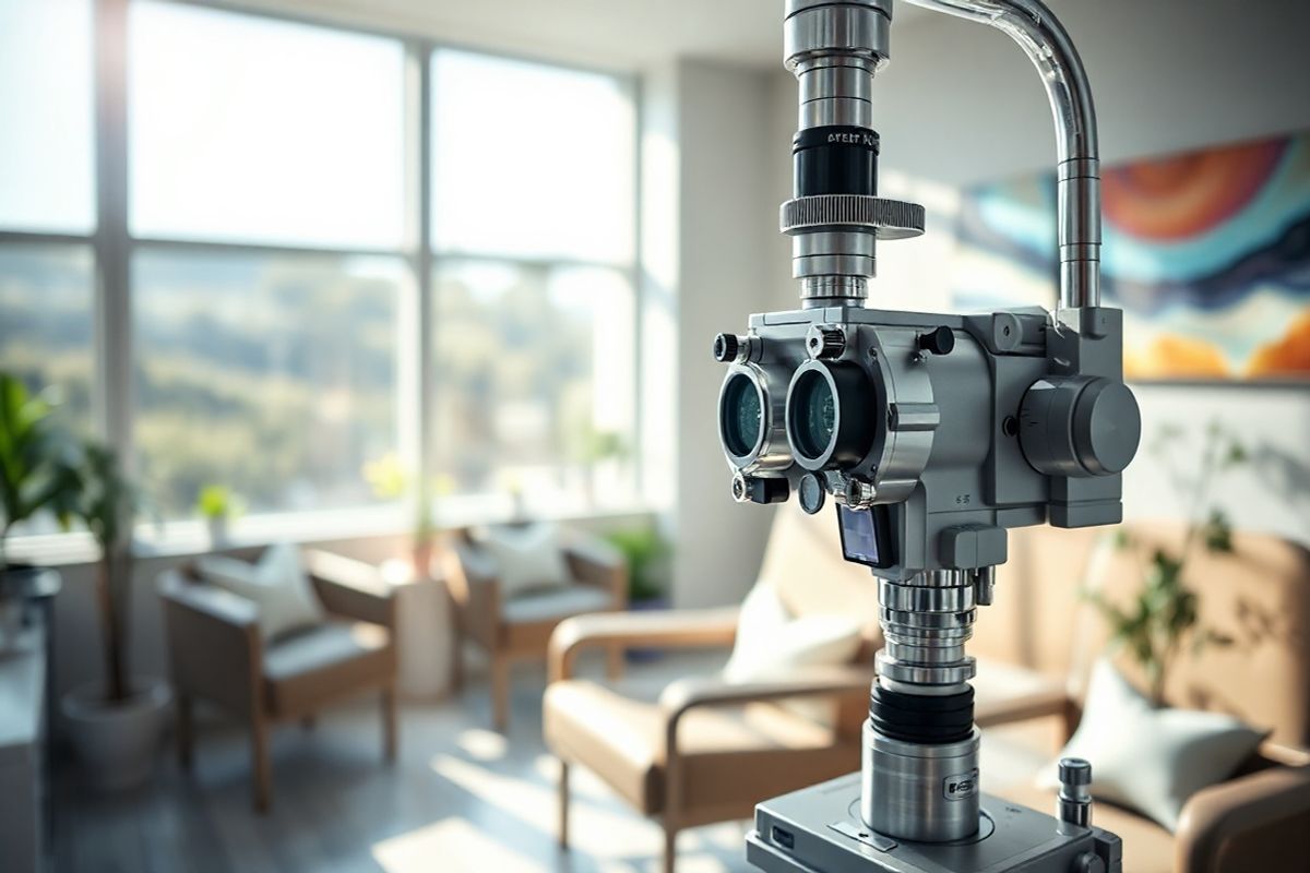 The image captures a serene and inviting ophthalmology clinic, bathed in natural light streaming through large windows. In the foreground, a close-up of an eye examination setup is prominently featured, showcasing a sleek phoropter and an array of diagnostic tools glistening under the soft illumination. The background reveals a softly blurred view of comfortable examination chairs, adorned with plush cushions, creating a welcoming atmosphere for patients.   On the walls, subtle artwork depicting vibrant landscapes and abstract forms brings warmth and a sense of calm to the space. The color palette is soothing, with soft blues and greens, evoking a sense of tranquility and hope. In one corner, a small plant adds a touch of nature, symbolizing vitality and health.   The overall composition conveys a feeling of professionalism and care, highlighting the importance of vision health and the advanced technology used in cataract diagnosis and treatment. This photorealistic image encapsulates the essence of eye care, making it an ideal visual representation of a journey toward clearer vision.