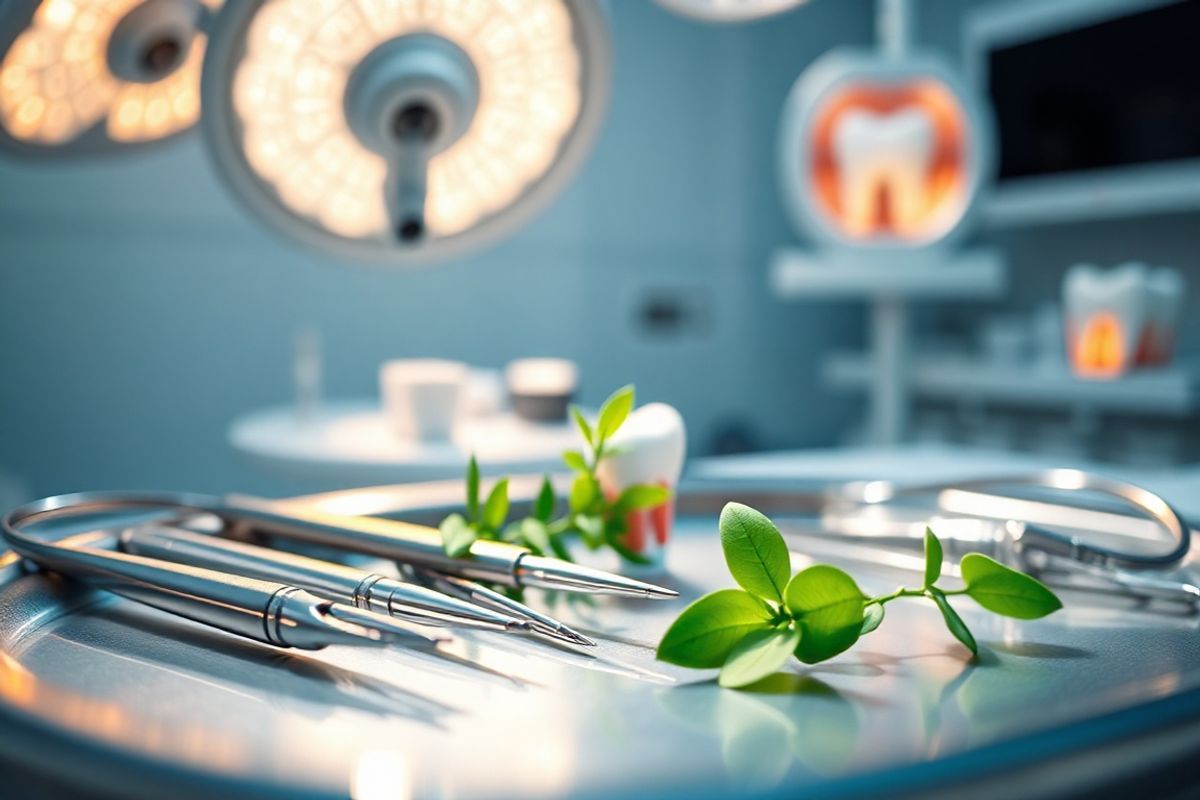 A close-up, photorealistic image of a dentist’s surgical workspace, showcasing precision dental instruments neatly arranged on a sterile, gleaming metal tray. The background features soft, blurred outlines of surgical lights casting a warm glow, enhancing the clinical yet inviting atmosphere. In the foreground, delicate surgical tools—scalpels, forceps, and microsurgical scissors—are meticulously positioned, reflecting the light and emphasizing their sharpness and precision. A magnifying surgical loupes hangs nearby, hinting at the microsurgery techniques being employed. The surface is adorned with a small, vibrant green plant, symbolizing healing and vitality amidst the clinical setting. Subtle hints of dental imagery, such as a model of a tooth and gum tissue, are included in the background, adding context to the scene. The overall color palette is a soothing blend of whites and soft blues, evoking a sense of calm and professionalism, ideal for conveying the importance of advanced periodontal surgery and its focus on patient care and recovery.