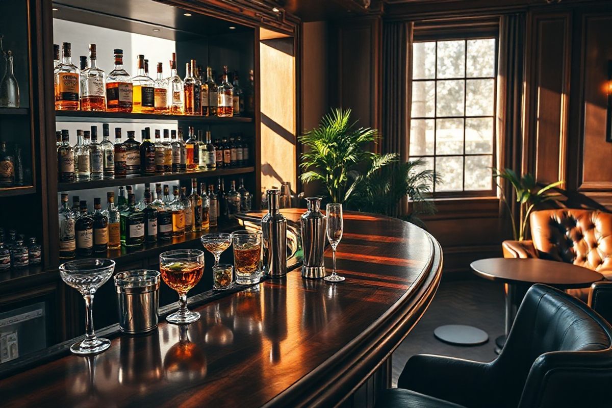 A photorealistic image depicting a serene and inviting home bar setting. The bar is crafted from rich, dark wood with a polished finish, showcasing an array of elegantly arranged glassware reflecting soft ambient lighting. Behind the bar, a well-stocked shelf features an assortment of premium liquor bottles, including whiskey, gin, and vodka, each with intricate labels and beautifully designed caps. The counter has a few tasteful cocktail garnishes, like fresh citrus slices and herbs, alongside a classic cocktail shaker, suggesting a mixologist’s touch. On the side, a cozy lounge area is visible, featuring plush leather chairs and a small round table, creating an intimate atmosphere. A large window allows warm sunlight to filter in, casting gentle shadows across the setup, while a subtle green plant adds a touch of nature, promoting a sense of balance. The overall mood of the image conveys sophistication and relaxation, inviting viewers to contemplate the enjoyment of drinks in moderation and the importance of responsible alcohol consumption in a stylish setting.