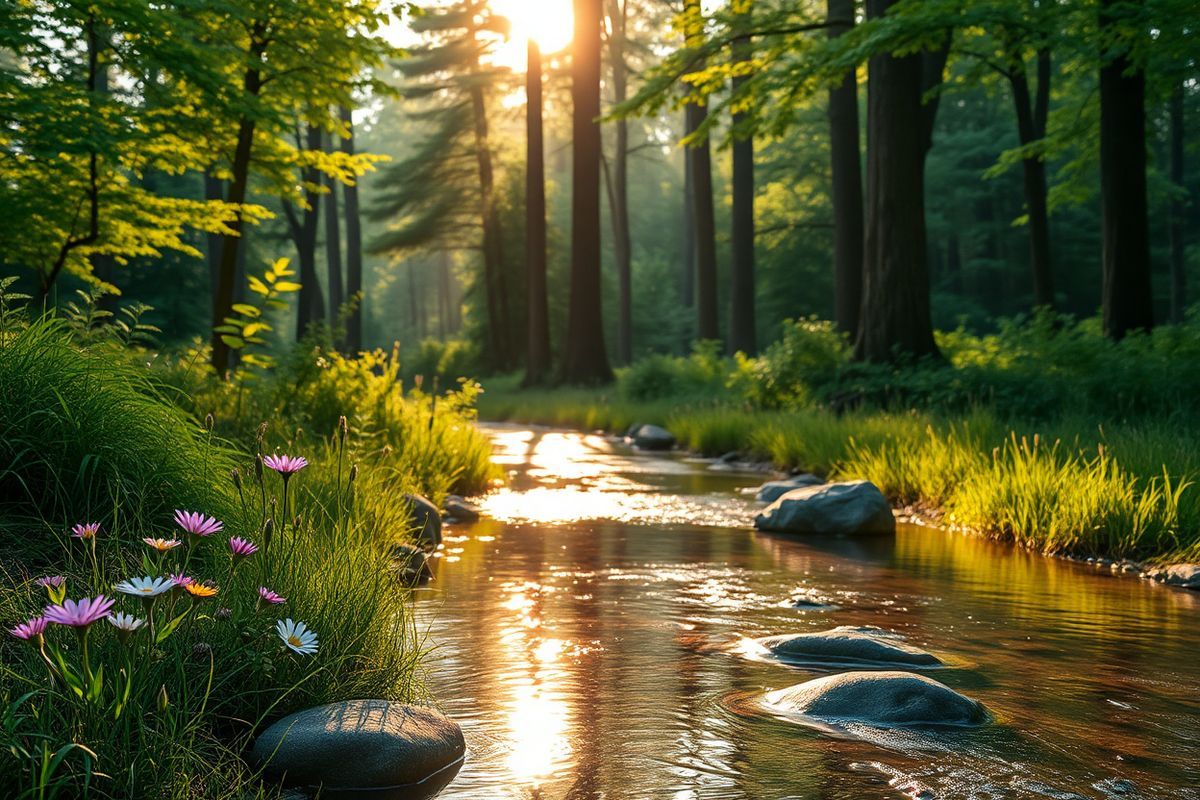 A photorealistic image captures a serene and peaceful scene of a tranquil forest landscape during the golden hour, where the soft, warm sunlight filters through the lush green canopy of trees, casting gentle dappled shadows on the forest floor. In the foreground, a narrow, meandering stream reflects the shimmering light, its clear waters glistening like diamonds. Delicate wildflowers in vibrant colors, such as purples, yellows, and whites, bloom along the bank, adding a touch of brightness to the scene. A few smooth stones are partially submerged in the water, accentuating the natural beauty of the setting. In the background, tall trees with thick trunks and abundant foliage rise majestically, creating a sense of depth and tranquility. The atmosphere is calm, evoking a feeling of safety and introspection, inviting viewers to pause and reflect. This image embodies a sense of wellness and connection to nature, symbolizing the importance of taking care of one’s health and the natural world, which aligns well with the discussion of brain health and preventive measures outlined in the article.