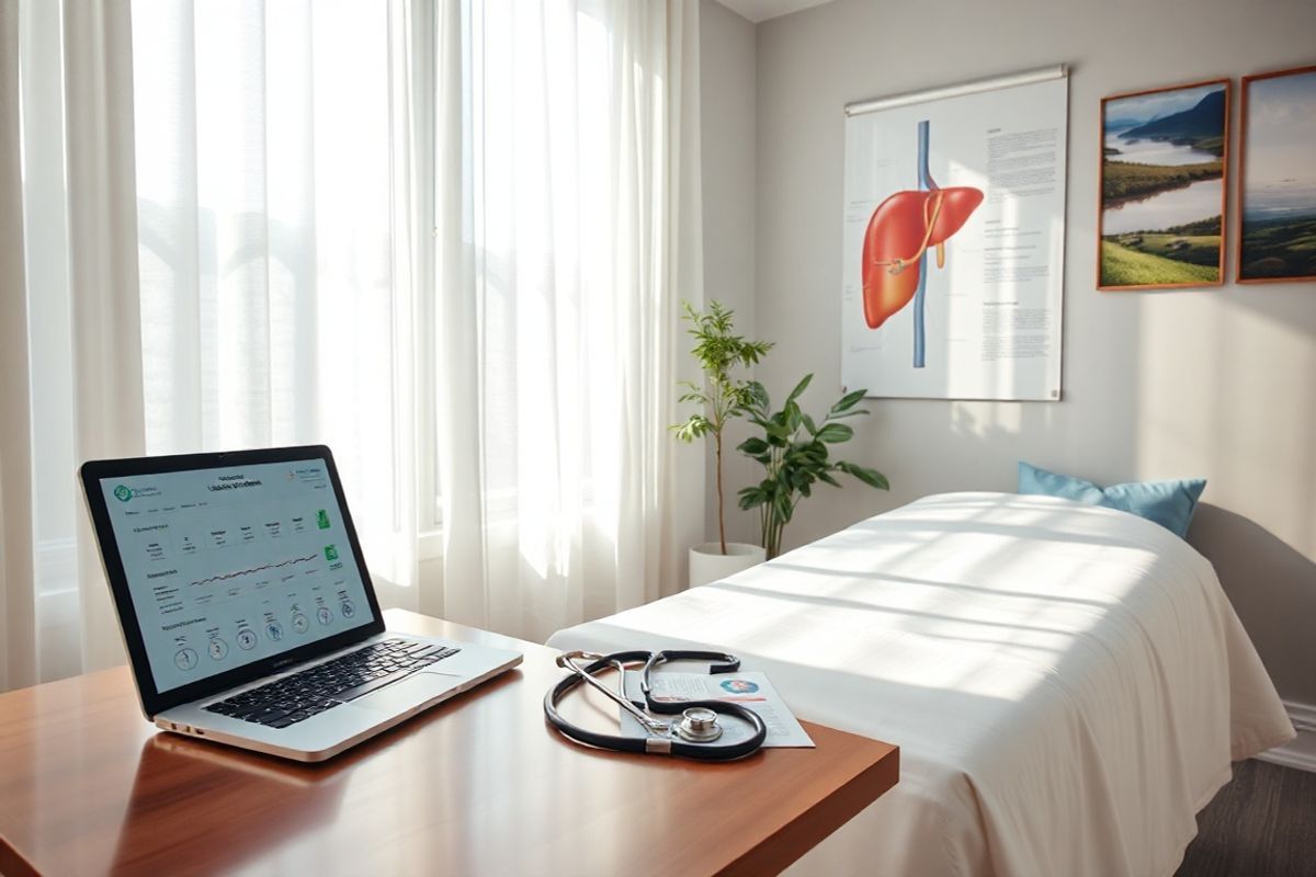 The image depicts a serene and inviting medical examination room, bathed in soft, natural light streaming through large windows adorned with sheer white curtains. In the foreground, a polished wooden desk holds a sleek laptop, open to a digital chart displaying liver function tests. Nearby, a stethoscope rests elegantly on a patient-friendly brochure about liver health, featuring subtle illustrations of the liver and liver enzymes. The room is furnished with a comfortable examination table draped in a crisp white sheet, accompanied by plush cushions in calming shades of blue and green. On the wall, a large anatomical poster of the human liver showcases its structure and functions, while a potted plant in the corner adds a touch of vitality and warmth to the space. Soft, neutral-colored walls and tasteful artwork depicting peaceful landscapes contribute to an overall atmosphere of tranquility and professionalism, making it an ideal environment for patients to feel at ease while discussing their health concerns. The scene captures the essence of a caring healthcare setting, emphasizing the importance of liver health and the role of medical professionals in guiding patients through their health journeys.