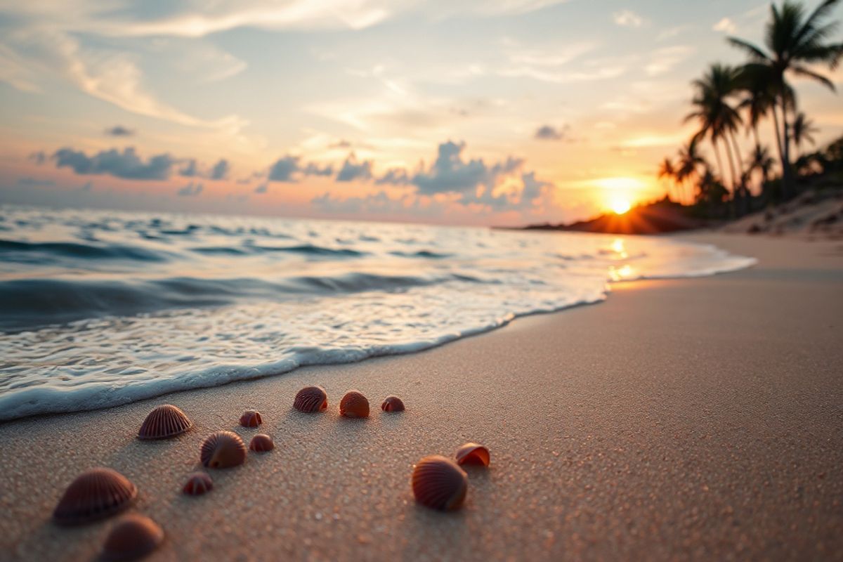 A serene and photorealistic depiction of a tranquil coastal landscape at sunset, featuring a gentle wave lapping against a sandy shore. The foreground showcases various vibrant seashells scattered on the wet sand, glistening with moisture from the receding tide. In the background, the sun dips below the horizon, casting a warm golden glow across the sky, which transitions into soft hues of pink and lavender. Wispy clouds reflect the colors of the sunset, creating a stunning gradient above the calm sea. Silhouettes of distant palm trees frame the scene, swaying gently in a light breeze. The overall ambiance is peaceful and inviting, evoking a sense of relaxation and natural beauty, ideal for conveying themes of health and wellness associated with liver function and overall vitality.