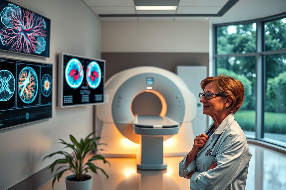 A photorealistic image depicting a serene and sophisticated medical imaging room, featuring a state-of-the-art MRI machine at its center. Soft, ambient lighting casts a warm glow, highlighting the sleek design of the equipment. Surrounding the MRI machine, large digital screens display intricate 3D reconstructions of vascular structures, showcasing colorful, detailed images of arteriovenous malformations (AVMs) and telangiectasias. The walls are adorned with framed images of medical imaging technology advancements, such as high-resolution CT scans and fusion imaging displays, creating an inspiring environment. In the foreground, a radiologist, a middle-aged woman with glasses and a lab coat, is thoughtfully analyzing the images on one of the screens, exuding professionalism and focus. A small potted plant adds a touch of tranquility to the space, while a large window in the background lets in natural light, offering a view of a peaceful garden. The overall ambiance combines cutting-edge technology with a calming atmosphere, symbolizing the critical role of radiology in the diagnosis and management of hereditary hemorrhagic telangiectasia (HHT).