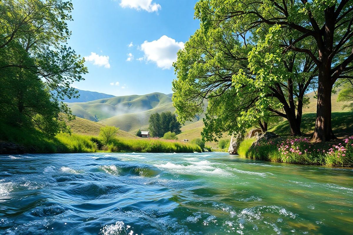 A photorealistic decorative image depicting a serene landscape scene that symbolizes the intricate nature of blood vessels in Hereditary Hemorrhagic Telangiectasia (HHT). The foreground features a close-up of a vibrant, flowing river with crystal-clear water, representing the healthy flow of blood. Surrounding the river are lush green trees with delicate, swirling branches that mimic the formation of blood vessels. Dappled sunlight filters through the leaves, casting gentle shadows on the ground, creating a sense of tranquility.   In the background, rolling hills are covered with wildflowers, their colorful petals resembling telangiectasias. A soft mist hovers over the hills, adding an ethereal quality to the scene. Above, a clear blue sky stretches out with a few fluffy clouds, symbolizing hope and the potential for advancements in medical imaging and treatment. The overall composition is harmonious, inviting viewers to reflect on the beauty of nature while subtly alluding to the complexities of vascular health associated with HHT.