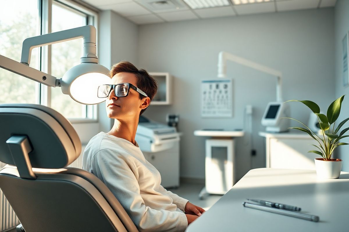 A photorealistic image showcasing a serene ophthalmology clinic environment. In the foreground, a patient is seated comfortably in a modern examination chair, wearing protective eyewear as they look toward a bright, softly lit examination lamp. The background features a well-organized and clean space, with sleek, contemporary medical equipment visible, including an advanced YAG laser machine and an eye chart on the wall. Natural light streams through large windows, illuminating the room with a warm glow. On a nearby table, there are medical instruments, neatly arranged, alongside a potted plant that adds a touch of greenery. The overall ambiance exudes calmness and professionalism, reflecting the importance of eye health and the innovative treatments available for conditions like secondary cataracts. The image captures the essence of care, technology, and the reassuring environment patients experience during their visits to the ophthalmologist.