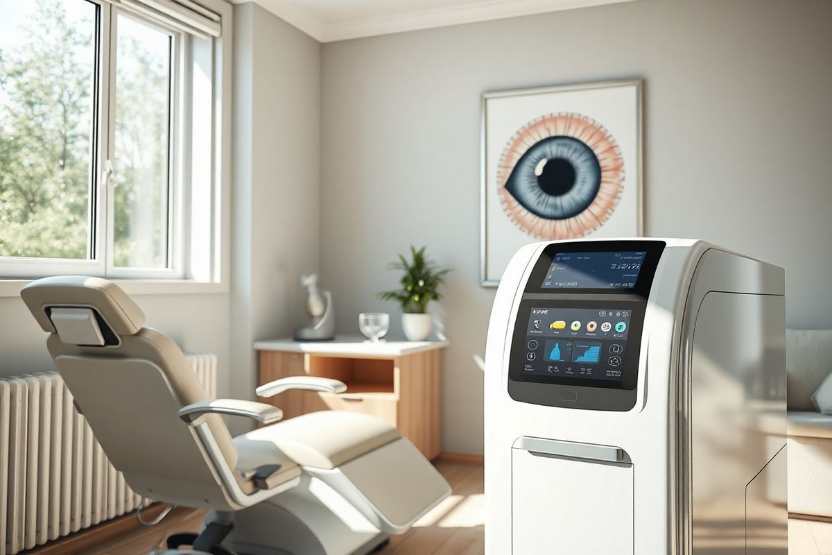 A photorealistic decorative image capturing a serene, well-lit ophthalmology clinic room. The scene features a modern examination chair positioned under a large window, allowing natural sunlight to stream in, illuminating the space. On a nearby wall, a large anatomical poster of the human eye is framed, displaying detailed features including the lens and retina. A sleek, high-tech YAG laser machine is prominently placed in the foreground, showcasing its sophisticated design with buttons and screens reflecting the ambient light. Soft, neutral colors dominate the room, with light wood accents and plush, comfortable furnishings adding a welcoming touch. In the background, a small potted plant adds a pop of greenery, contributing to a calming and inviting atmosphere. The overall composition conveys a sense of professionalism and care, making it an ideal visual representation of a place where patients receive treatment for conditions like secondary cataracts.