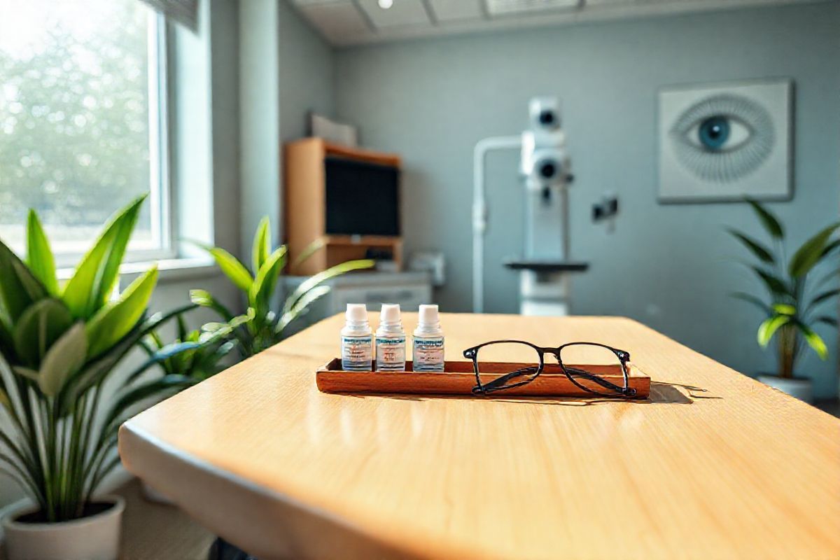 The image features a serene and inviting ophthalmology clinic, designed with modern aesthetics and warm lighting. In the foreground, a sleek, polished wooden examination table is positioned under a large window, allowing natural light to illuminate the space. A tray of various eye drops, including artificial tears and anti-inflammatory medications, is neatly arranged beside a pair of stylish eyeglasses, symbolizing the supportive role of eye drops in managing diabetic retinopathy symptoms.   In the background, a state-of-the-art eye examination machine stands ready for use, surrounded by soft green plants that add a touch of nature and tranquility to the clinical environment. On the walls, subtle artwork depicting abstract representations of the human eye and vision is showcased, further emphasizing the theme of eye health.   The overall ambiance is calm and reassuring, with a color palette of soft blues and greens, promoting a sense of well-being for patients seeking care. This photorealistic image captures the essence of compassionate eye care, highlighting the importance of managing diabetic retinopathy while providing a glimpse into the supportive treatments available in a contemporary clinical setting.