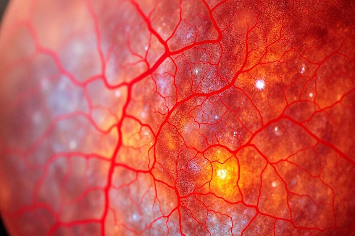 A photorealistic image depicting a vibrant and intricately detailed close-up of a human retina, showcasing its complex network of blood vessels. The image should focus on the delicate, colorful patterns formed by healthy retinal blood vessels, with shades of deep red and soft blue highlighting the intricate architecture. In contrast, subtle indications of diabetic retinopathy should be included—such as small areas of swelling and leakage—represented by gentle white and yellow hues disrupting the smooth flow of blood vessels. The background should be softly blurred to emphasize the retina’s texture and detail, creating a sense of depth. Soft, natural lighting should illuminate the image, enhancing the visual appeal and providing a sense of hope and awareness about eye health. This image aims to evoke an emotional response, encouraging viewers to reflect on the importance of regular eye examinations and diabetes management in preserving vision.