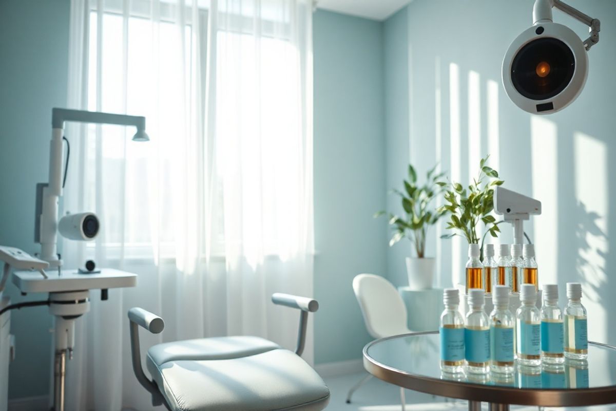 A photorealistic image depicting a close-up view of a serene ophthalmology clinic setting. In the foreground, a pristine examination chair is positioned under soft, natural light filtering through large windows adorned with sheer white curtains. Surrounding the chair are various eye care instruments, such as a slit lamp and digital retinal camera, glistening with precision. The background features a calming color palette of soft blues and greens, creating a soothing atmosphere. On a nearby table, a selection of eye drop bottles is elegantly arranged, showcasing a variety of shapes and sizes, reflecting the importance of eye care in managing diabetic retinopathy. A potted plant adds a touch of nature, symbolizing growth and healing. The overall composition conveys a sense of hope and professionalism, inviting patients to seek treatment and care for their vision in a tranquil environment.