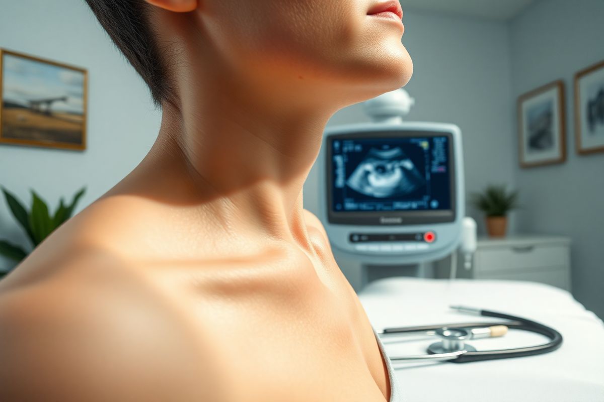 A photorealistic image depicting a serene medical examination room, emphasizing a well-lit space with soft, neutral tones. The focal point is a close-up of a patient’s neck, showcasing a subtle yet noticeable goiter, with gentle lighting highlighting the contours of the skin to illustrate the swelling. In the background, a modern ultrasound machine is visible, with its screen displaying an abstract representation of thyroid tissue, suggesting an ongoing examination. The room is adorned with calming decor, such as a potted plant and soothing artwork on the walls, creating a tranquil atmosphere. A stethoscope rests on a crisp white examination table, hinting at the medical context. The overall composition conveys a sense of care and professionalism, inviting viewers to reflect on the complexities of thyroid health and the importance of diagnosis in a supportive environment.