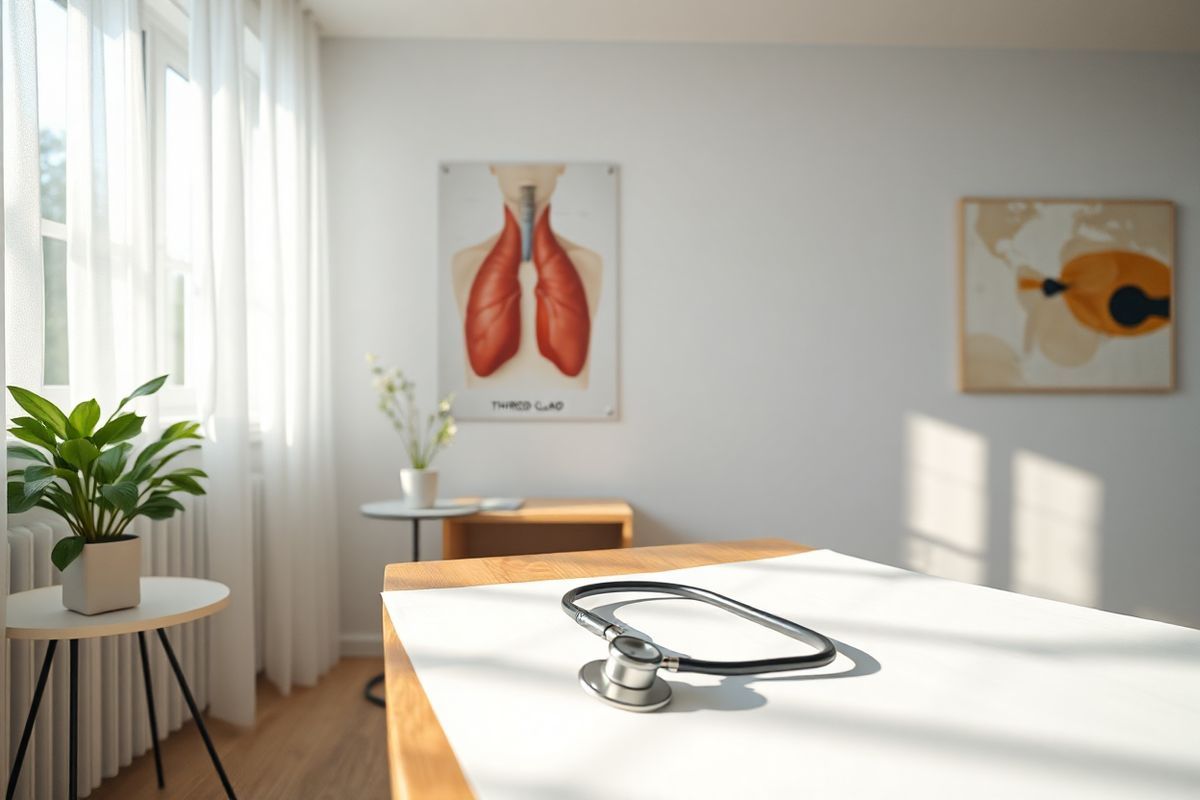 A photorealistic image of a serene medical consultation room, softly illuminated by natural light streaming through large windows adorned with sheer white curtains. In the foreground, a wooden examination table is neatly covered with a clean, white paper sheet, and a stethoscope lies casually draped across the table. In the background, a wall-mounted anatomical chart of the thyroid gland is prominently displayed, offering a detailed view of its structure and function. A small potted plant sits on a side table, adding a touch of greenery and life to the room, while an abstract painting in calming colors hangs on the opposite wall, evoking a sense of tranquility. The overall atmosphere is calm and inviting, designed to reassure patients during their diagnostic journey.