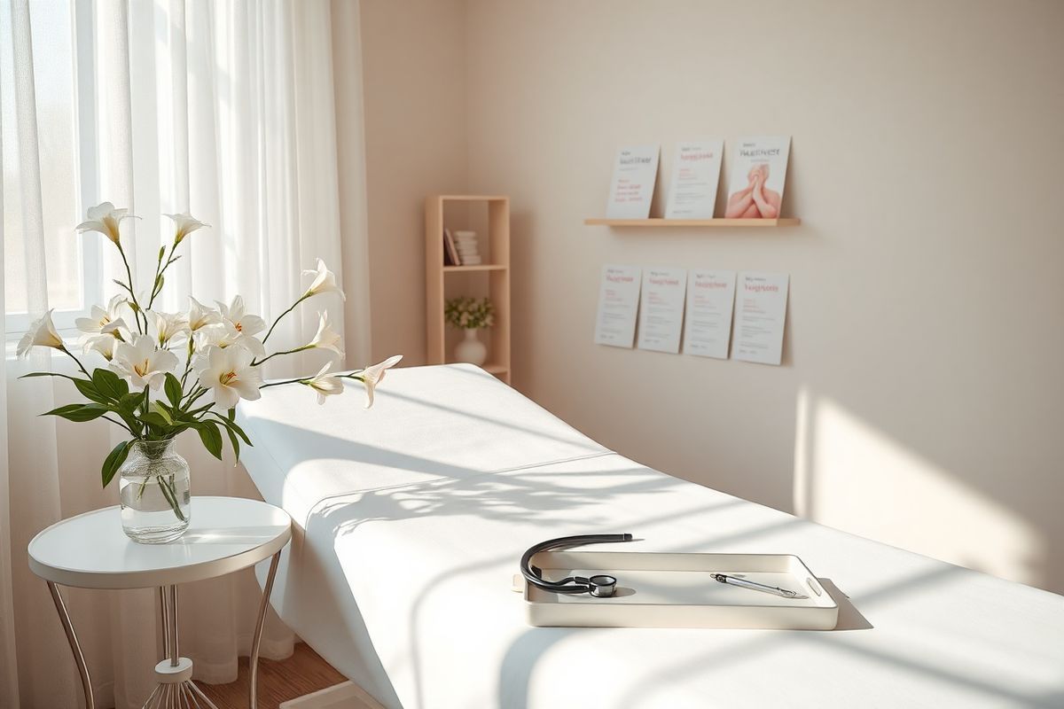 A serene and intimate setting that evokes a sense of calm and awareness surrounding women’s health. The image features a softly lit, elegantly styled gynecological examination room. The walls are painted in soothing pastel hues, reflecting a tranquil atmosphere. In the center, a plush examination table is adorned with crisp white linens, inviting comfort and care.   Delicate flowers, such as white lilies and soft pink peonies, are arranged in a simple vase on a nearby side table, symbolizing hope and renewal. A well-organized shelf displays medical pamphlets about vaginal health, emphasizing the importance of awareness and education.   Natural light filters through sheer curtains, casting gentle shadows that enhance the peaceful ambiance. A stethoscope and a small tray with medical instruments rest on the examination table, suggesting readiness for a consultation.   The overall composition harmonizes the elements of care, health, and femininity, encouraging viewers to reflect on the significance of regular check-ups and early detection of health issues. This photorealistic image captures the essence of a supportive environment for women’s health, making it a fitting complement to the topic of vaginal cancer awareness.