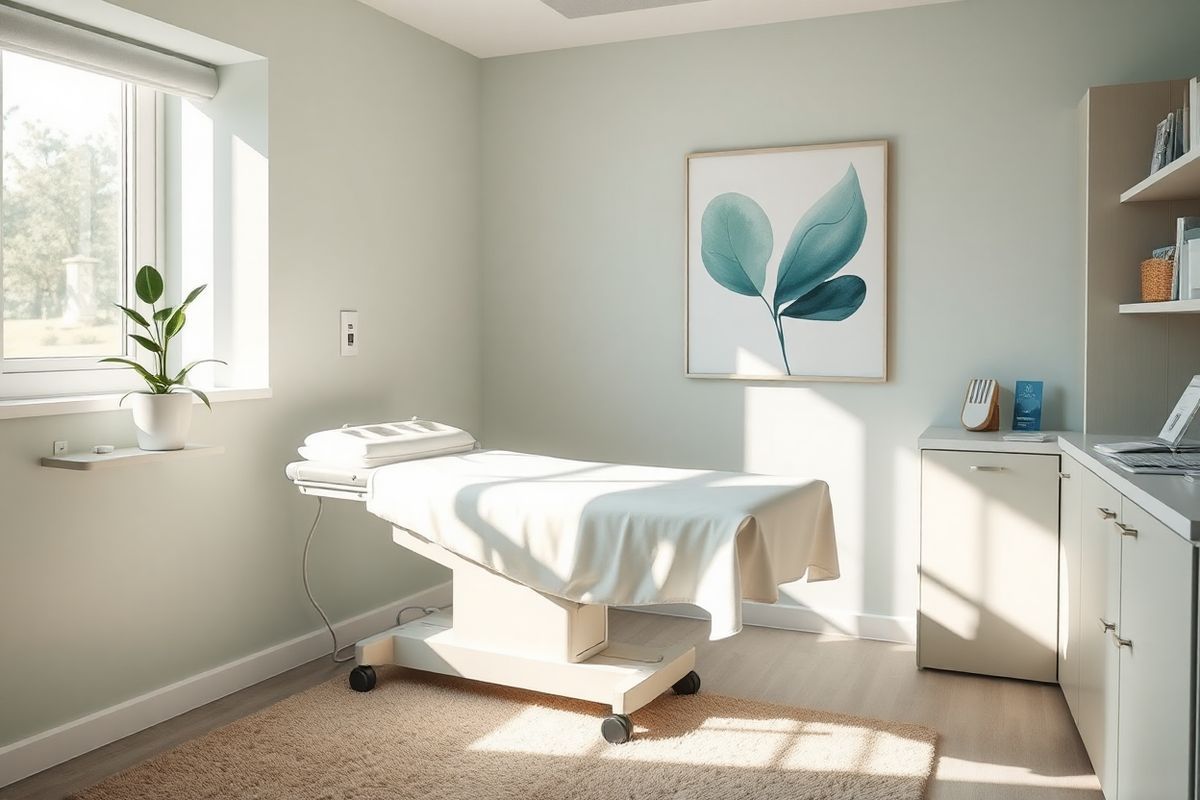 A serene and intimate scene depicting a softly lit gynecological examination room. The room features a modern examination table draped in a clean, white sheet, surrounded by soothing pastel-colored walls reflecting a sense of calm and comfort. On one side, a window allows gentle, diffused natural light to filter in, illuminating a small potted plant on the windowsill, symbolizing growth and healing. The room is equipped with essential medical instruments neatly arranged on a nearby countertop, emphasizing cleanliness and professionalism. A framed abstract artwork, featuring organic shapes in calming hues of blues and greens, hangs on the wall, adding an artistic touch that promotes relaxation. The floor is adorned with a plush, neutral-toned rug, creating a warm and welcoming ambiance. In the background, subtle hints of medical textbooks and brochures can be seen on a shelf, providing a resourceful atmosphere. This image captures the essence of a safe, supportive environment, where women can feel empowered to seek help and undergo necessary examinations related to vaginal health.