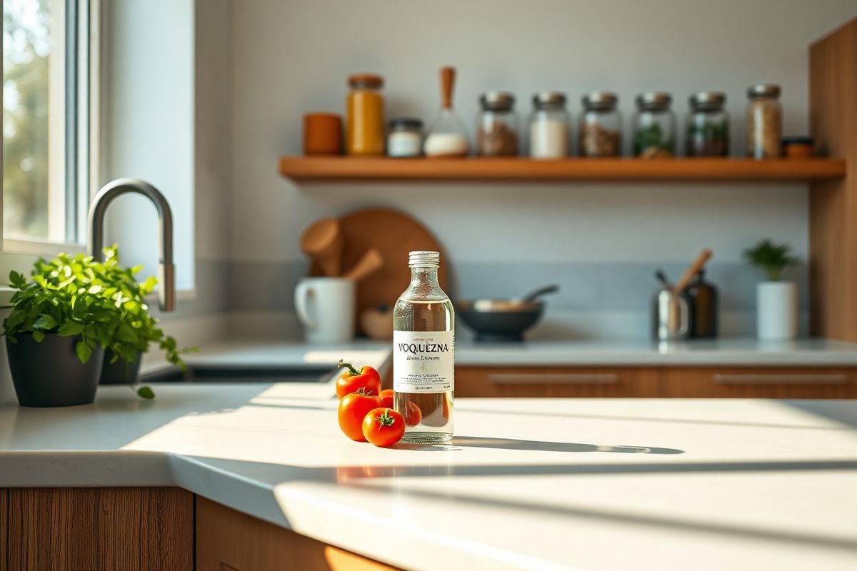 A photorealistic image depicts a serene and inviting scene within a modern kitchen. The focal point is a sleek countertop with a clean, glass bottle of Voquezna, elegantly placed next to a small stack of vibrant, fresh vegetables like tomatoes and bell peppers, hinting at a healthy lifestyle. Soft, natural light streams in through a nearby window, casting gentle shadows and illuminating the bottle, which has a subtle reflection on the polished surface. In the background, a well-organized shelf displays various cooking ingredients and herbs in stylish glass jars, enhancing the feeling of a functional yet aesthetically pleasing space. The overall color palette is warm and earthy, with natural wood tones and pops of green and red from the vegetables. This harmonious setting evokes a sense of wellness and care, ideal for conveying the importance of health and informed choices regarding medication and diet. The absence of any text or distractions allows viewers to focus solely on the composition and the message of health and vitality embodied in the scene.