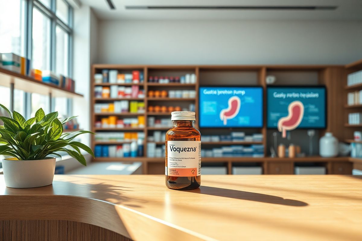 A photorealistic decorative image features a serene, modern pharmacy interior bathed in soft, natural light filtering through large windows. The focal point is a sleek wooden counter adorned with various prescription bottles, including a prominent bottle of Voquezna, with its distinctive label subtly visible. Behind the counter, neatly organized shelves display an array of colorful medication boxes and health products, emphasizing the theme of innovative treatment options. A potted plant adds a touch of greenery, symbolizing health and vitality. On one side of the counter, a digital screen displays a simplified diagram of the gastric proton pump mechanism, hinting at the scientific foundation of the medication. The overall ambiance is calm and inviting, evoking a sense of trust and professionalism, making it an ideal setting for patients seeking relief from gastric acid-related disorders. The image captures the essence of modern healthcare, combining aesthetic appeal with the promise of effective medical solutions.