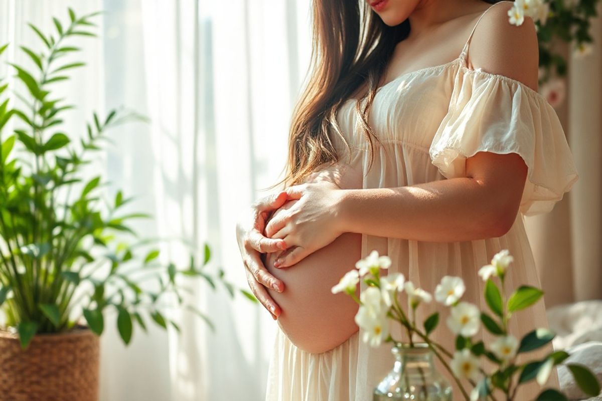 A serene and tranquil setting featuring a close-up of a delicate, pregnant woman gently cradling her belly in a softly lit environment. The background is adorned with lush green plants, symbolizing life and growth, while soft pastel colors create a calming atmosphere. Sunlight filters through sheer curtains, casting gentle shadows that dance across the scene. The woman’s expression is one of contemplation and serenity, her long hair cascading over her shoulders, and she is wearing a flowing, light-colored dress that accentuates her pregnancy. Surrounding her are subtle elements representing nature’s beauty, such as blooming flowers and soft, earthy textures, evoking a sense of nurturing and protection. In the foreground, a small, elegant vase holds delicate white flowers, symbolizing purity and motherhood. The overall composition conveys a sense of warmth, hope, and the sacred bond between mother and child, inviting viewers to reflect on the importance of health and safety during pregnancy.