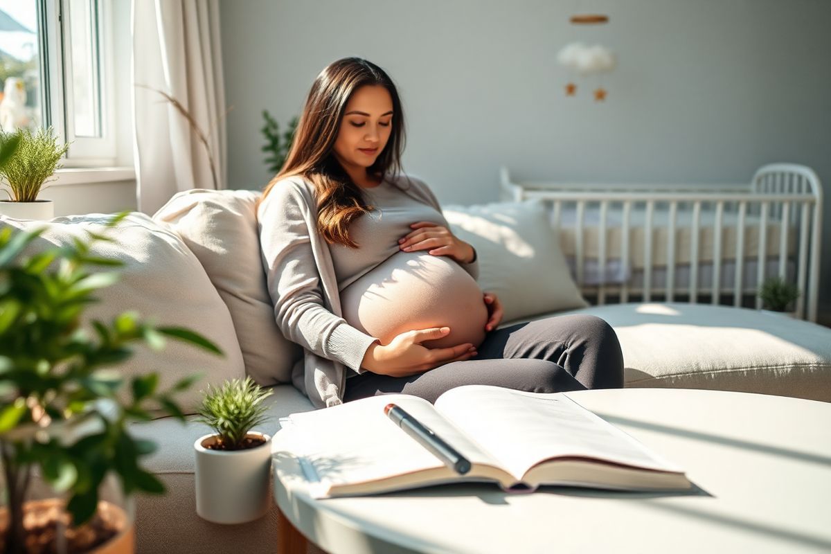 A serene and inviting scene unfolds in a softly lit room, where a pregnant woman sits comfortably on a plush sofa, cradling her belly with a thoughtful expression. Surrounding her are delicate potted plants, symbolizing growth and nurturing. Sunlight streams through a nearby window, casting gentle shadows and creating a warm ambiance. On a coffee table in front of her, a sleek e-cigarette lies next to an open book about pregnancy health, embodying the tension between modern habits and maternal care. The color palette is soft and calming, featuring pastel shades of lavender and mint green, which evoke a sense of tranquility. In the background, a cozy nursery can be glimpsed, with a crib adorned with soft linens and a mobile made of whimsical clouds and stars, representing the hopes and dreams for the unborn child. This image captures the essence of maternal contemplation, highlighting the importance of making informed choices for both the mother and her baby in a beautifully composed setting.