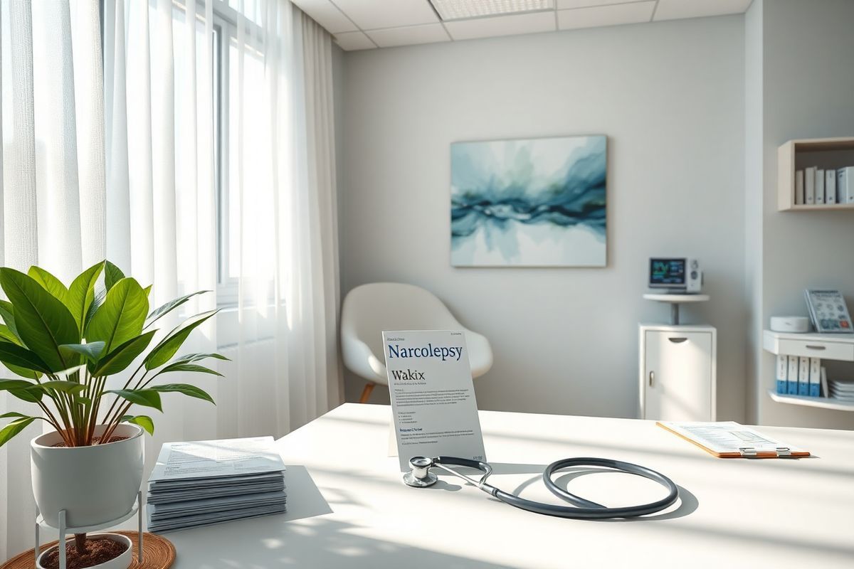 A photorealistic image depicting a serene and calming scene in a modern clinical setting is ideal. The image features a well-lit examination room with soft, natural light streaming through large windows adorned with sheer white curtains. In the foreground, a sleek, contemporary desk holds a few neatly arranged medical brochures about narcolepsy and Wakix, alongside a stethoscope and a potted green plant for a touch of nature.   On the wall, a tasteful piece of abstract art in calming blues and greens adds an aesthetic appeal, while a comfortable patient chair is positioned nearby, inviting patients to sit. To the side, a small bookshelf contains medical reference books and pamphlets, indicating a focus on patient education.   In the background, there is a subtle hint of a medical chart on a clipboard, with a digital display showing patient information (without any identifiable details). The overall atmosphere conveys professionalism, warmth, and a sense of safety, emphasizing the importance of patient care and awareness of drug interactions while using Wakix.