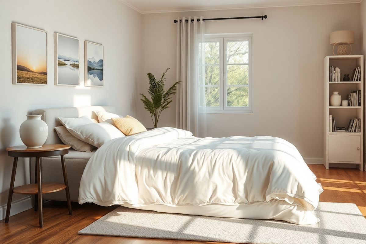 A photorealistic decorative image depicting a serene and calming scene in a cozy bedroom, designed to evoke feelings of restfulness and tranquility. The room features soft, neutral-colored walls adorned with subtle artwork that reflects nature, such as a gentle sunrise over a peaceful landscape. A plush, inviting bed is centered in the composition, draped with a fluffy white duvet and an assortment of pastel-hued pillows. On one side of the bed, a stylish nightstand holds a delicate ceramic lamp emitting a warm, soft glow, alongside a small potted plant that adds a touch of greenery. The window, partially open, allows filtered sunlight to stream in, casting gentle shadows across the wooden floor, which is accented with a soft area rug. In the background, a bookshelf filled with neatly arranged books and a few decorative items creates an atmosphere of comfort and relaxation. The overall ambiance of the image is one of calmness and serenity, perfect for conveying the importance of a restful environment for individuals managing conditions like narcolepsy.